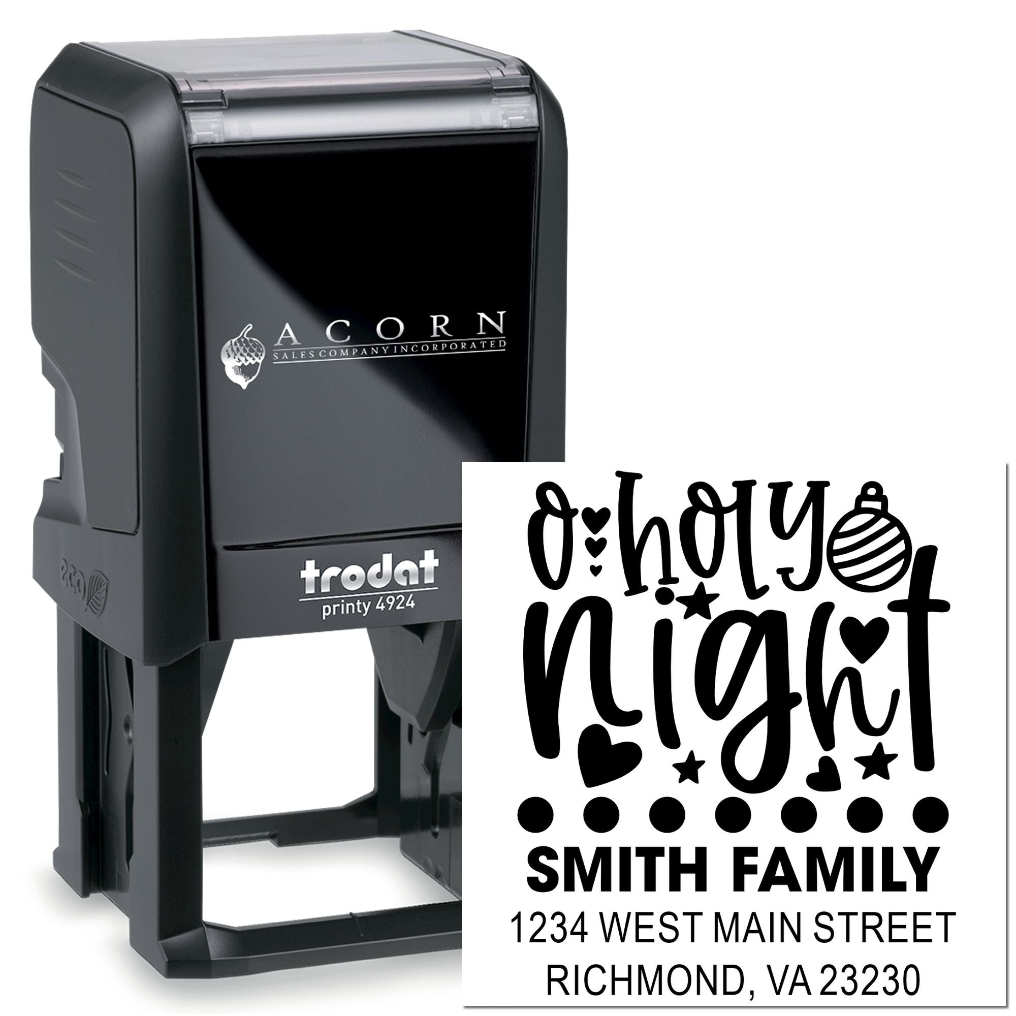 Trodat self-inking rubber stamp with custom Christmas return address for the Smith family.