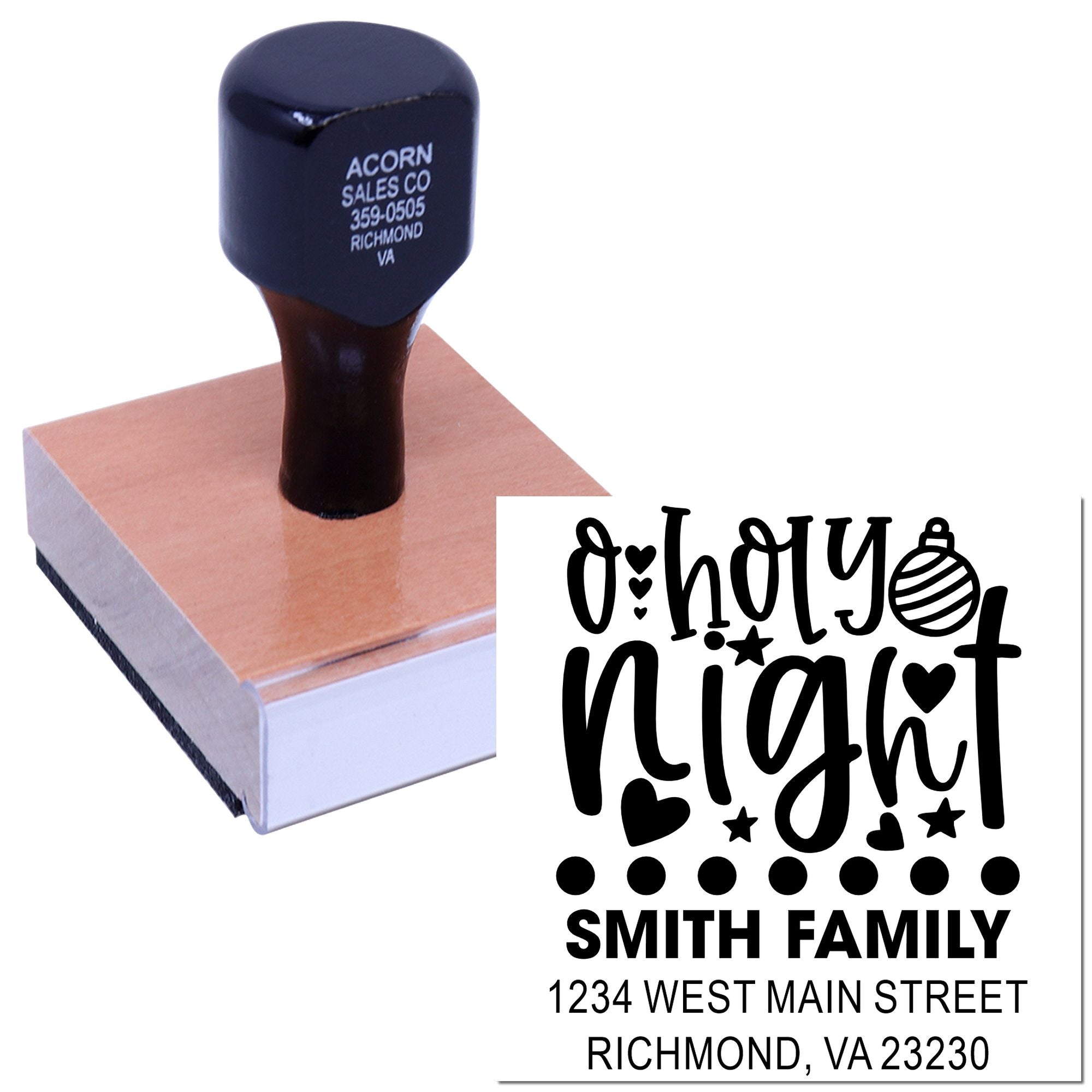 Personalized holiday rubber stamp with O Holy Night family name and address design for Christmas cards and envelopes.