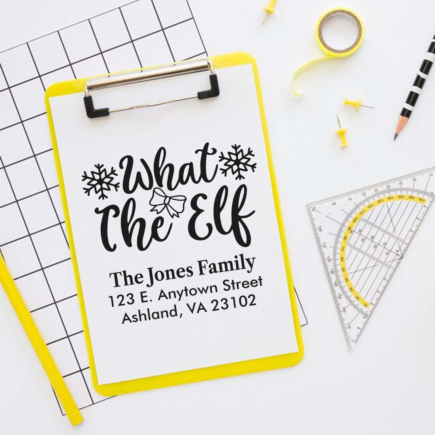 Custom What the Elf return address rubber stamp for holiday cards with family name and mailing address