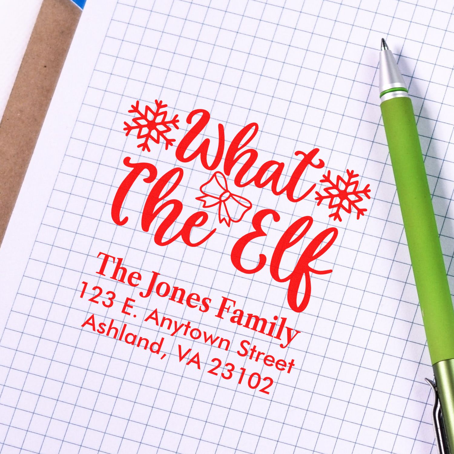Custom holiday rubber stamp with What the Elf return address design for festive envelopes and Christmas cards.