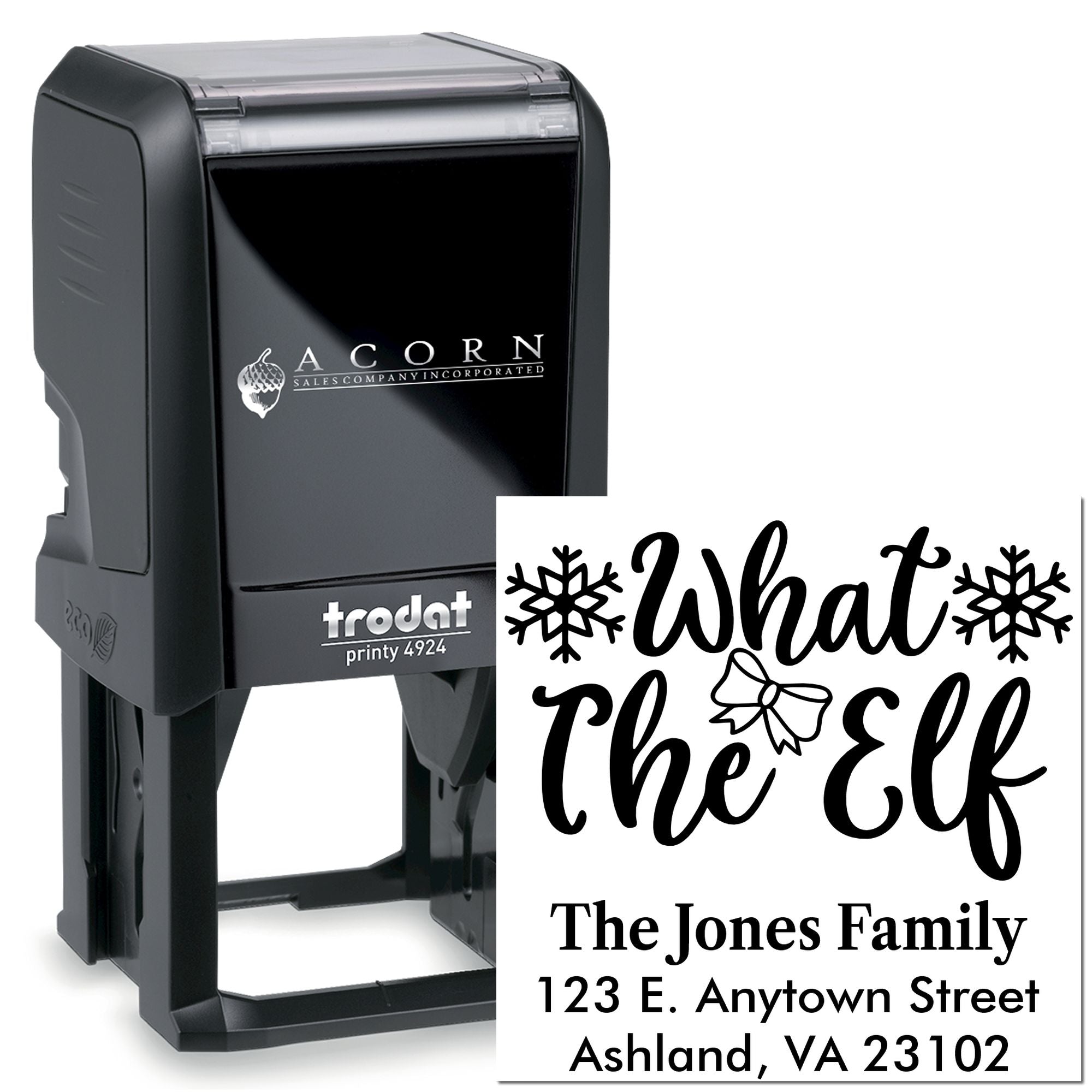 Custom self-inking rubber stamp with What the Elf holiday return address design, Trodat Printy 4924.