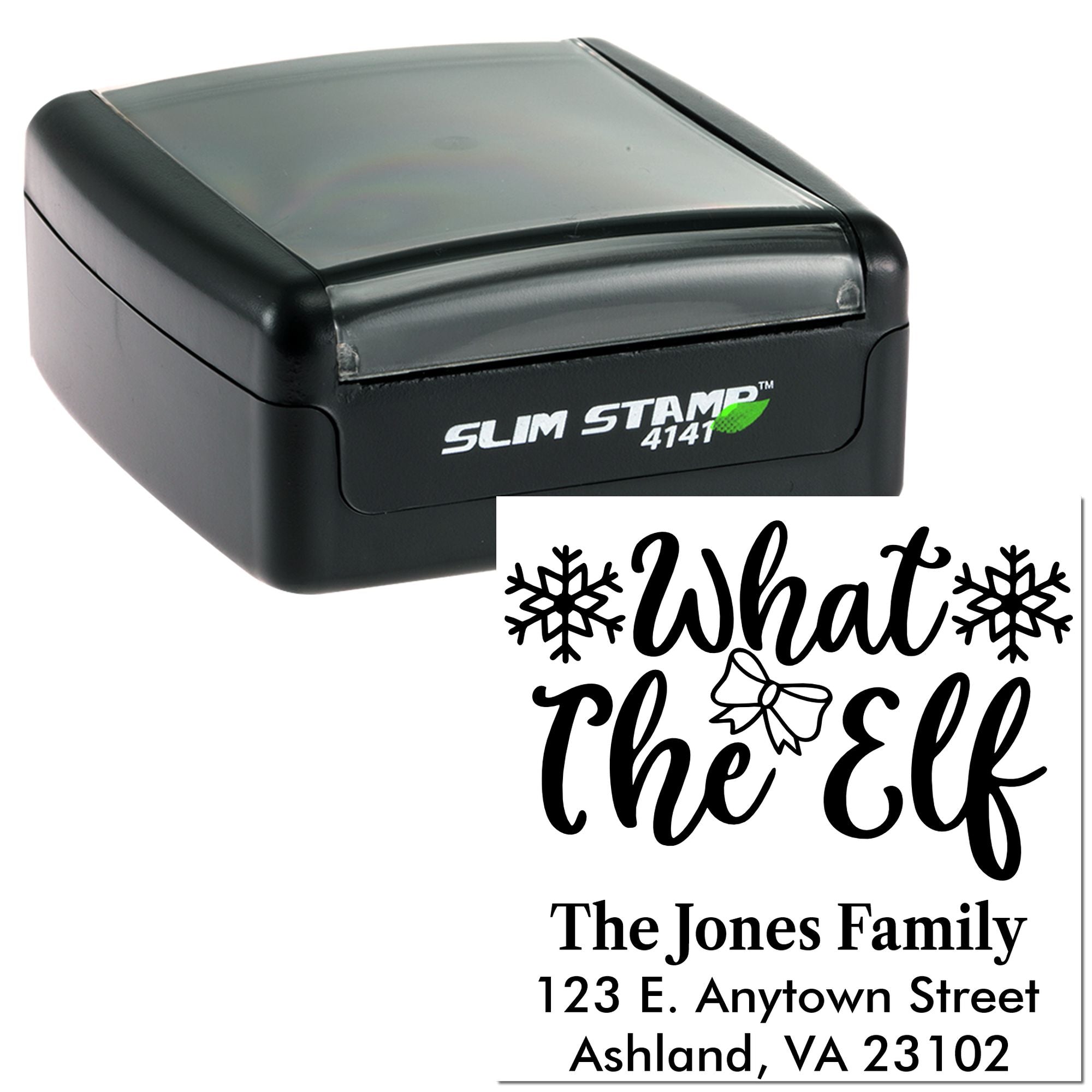 Personalized self-inking rubber stamp with What the Elf holiday design and return address for Christmas cards.