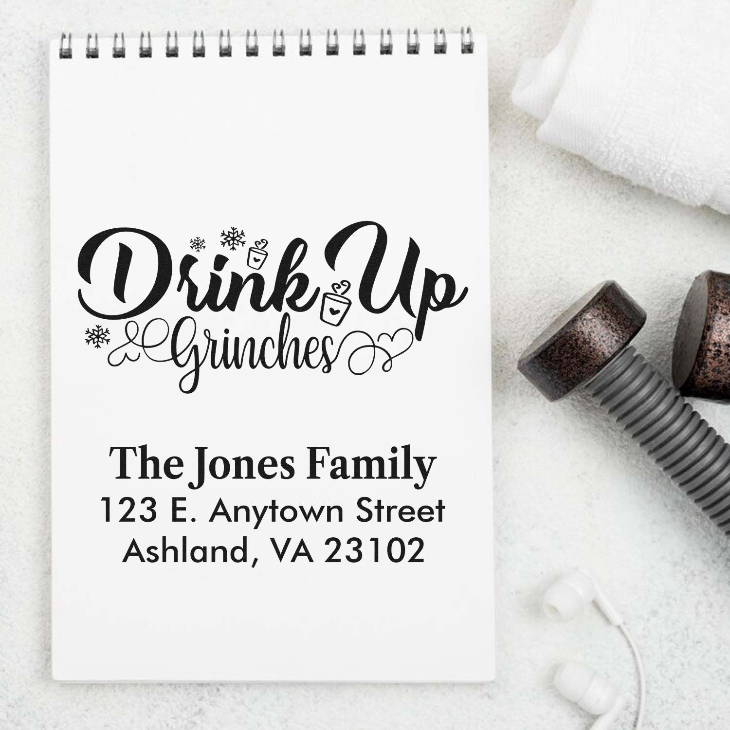 Custom return address rubber stamp with Drink Up Grinches holiday design for The Jones Family, Ashland, VA.