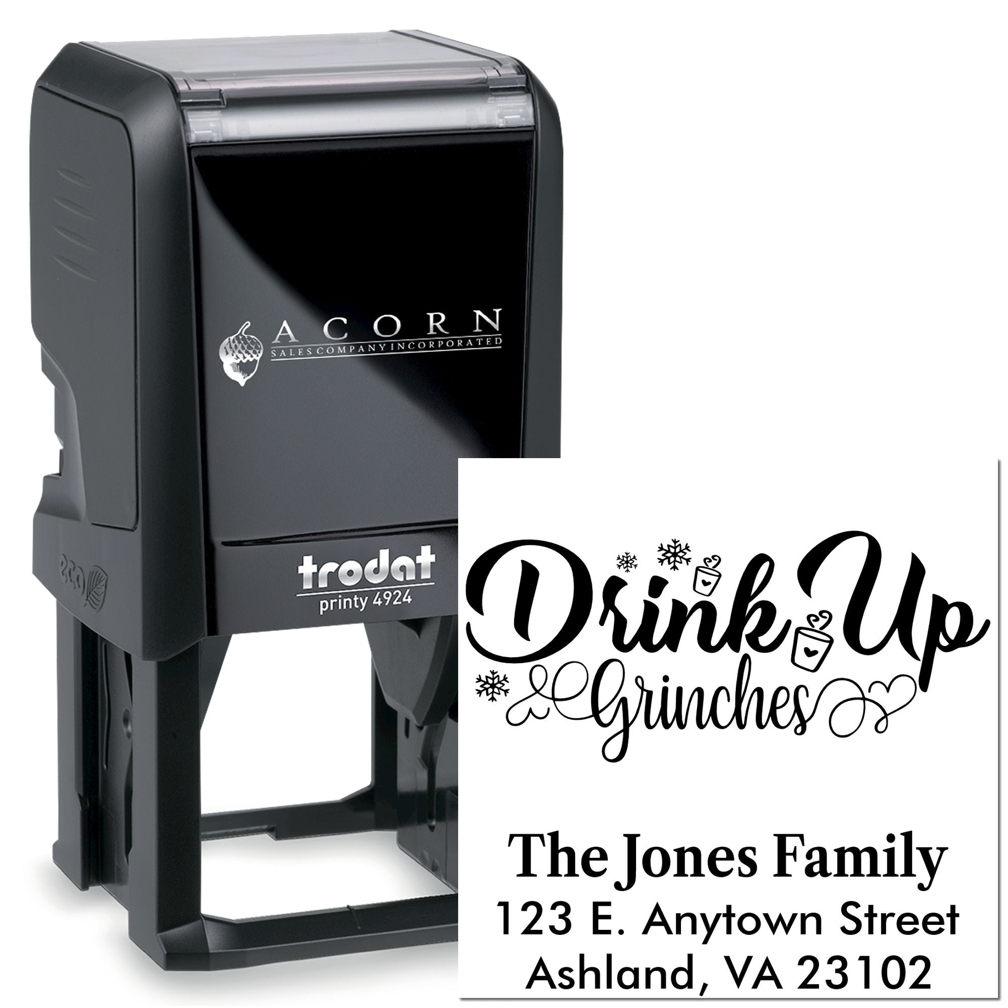 Trodat Printy 4924 self-inking custom rubber stamp with Drink Up design and family return address imprint