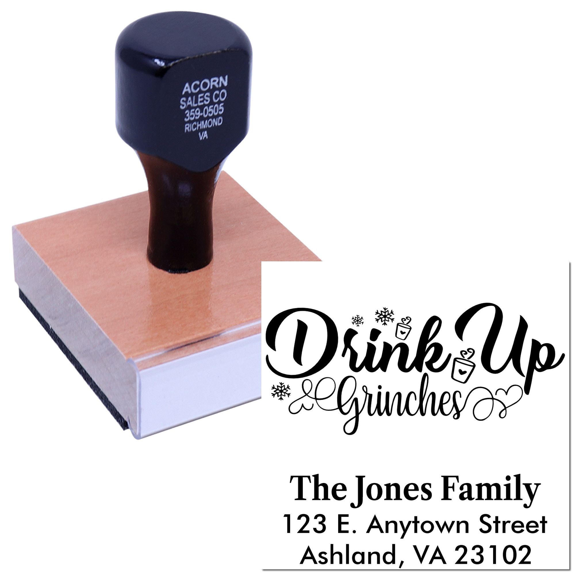 Custom rubber stamp with Drink Up Witches design and personalized family address imprint for Halloween crafting and envelopes