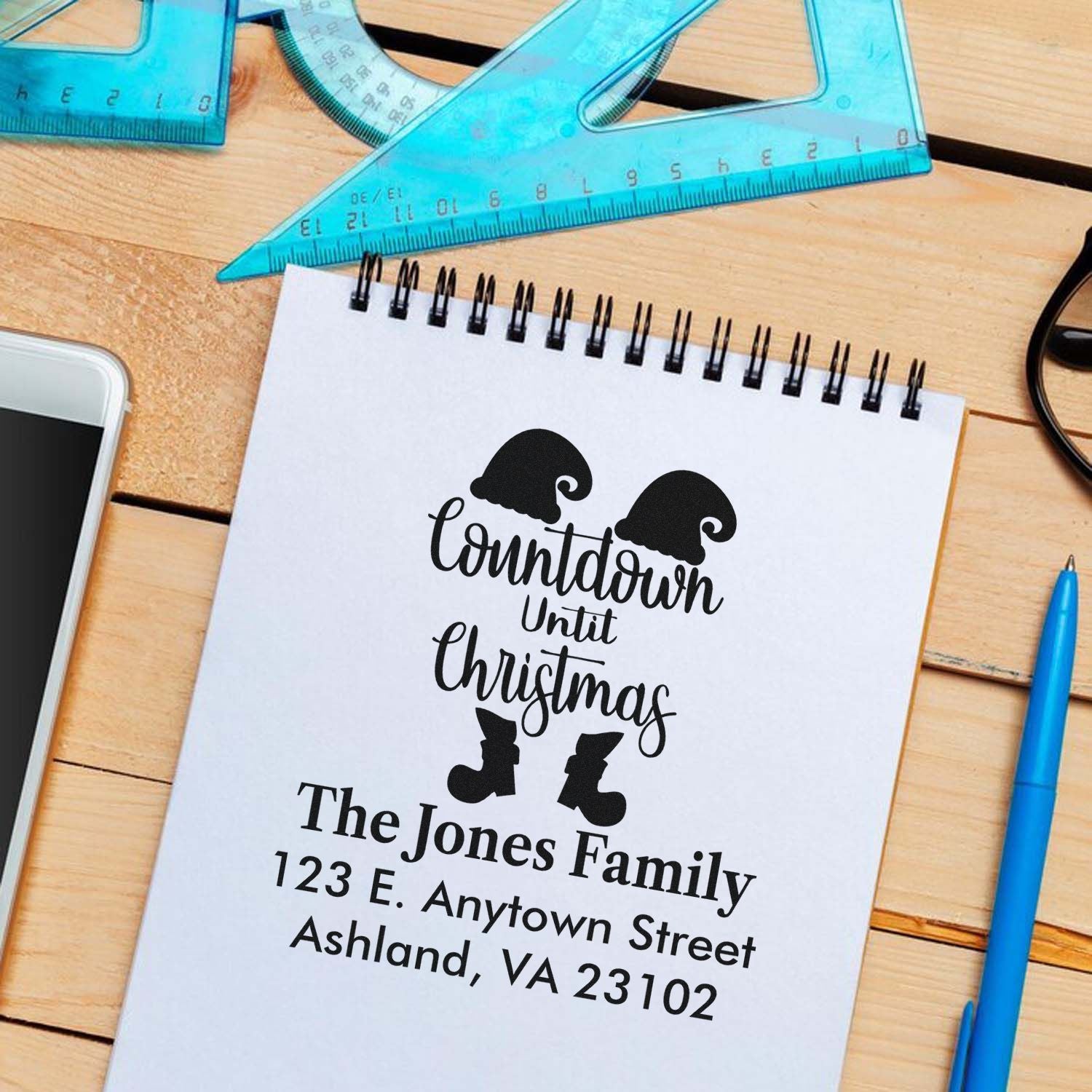 Personalized Christmas return address rubber stamp with Countdown Until Christmas design for The Jones Family holiday cards
