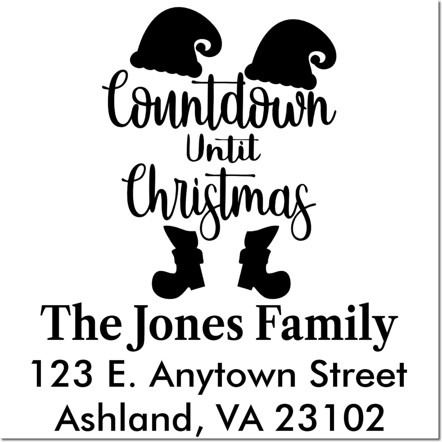 Personalized Christmas countdown rubber stamp with Santa hats, boots, family name, and address for holiday cards