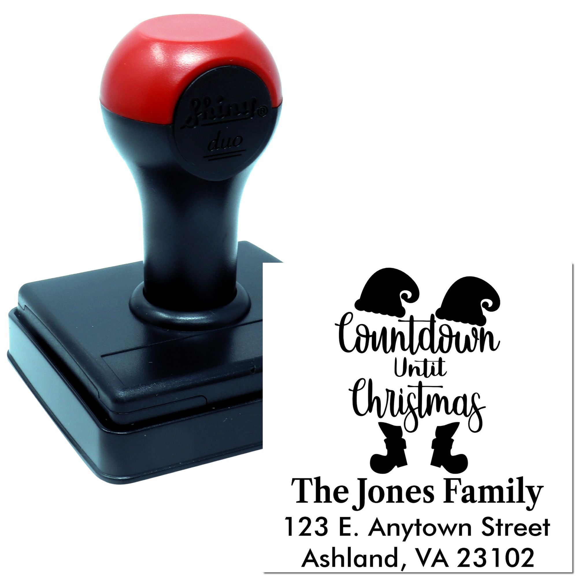 Custom self-inking return address rubber stamp with Christmas countdown design for holiday cards.