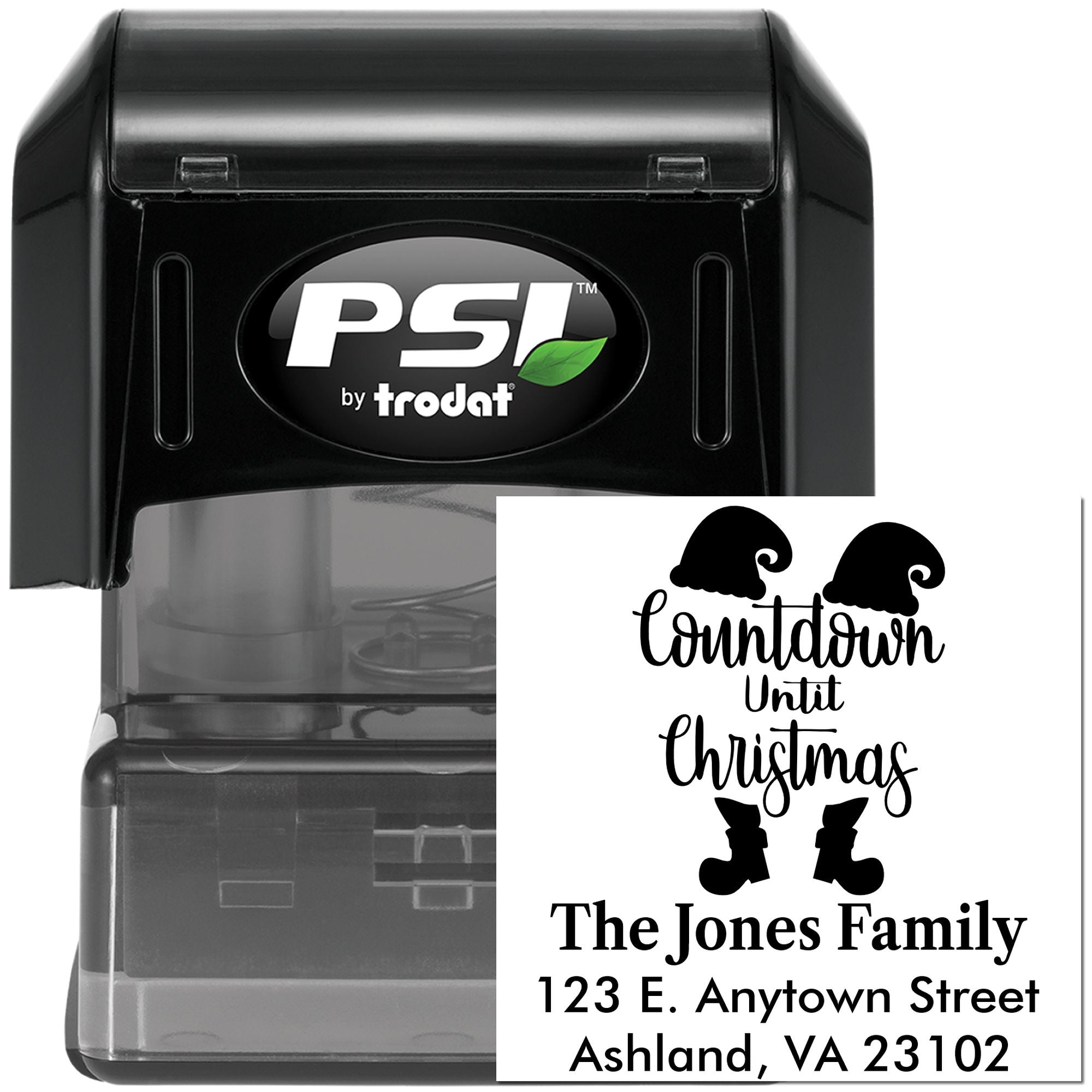 Personalized holiday return address rubber stamp with Christmas countdown design, made with PSI by Trodat.