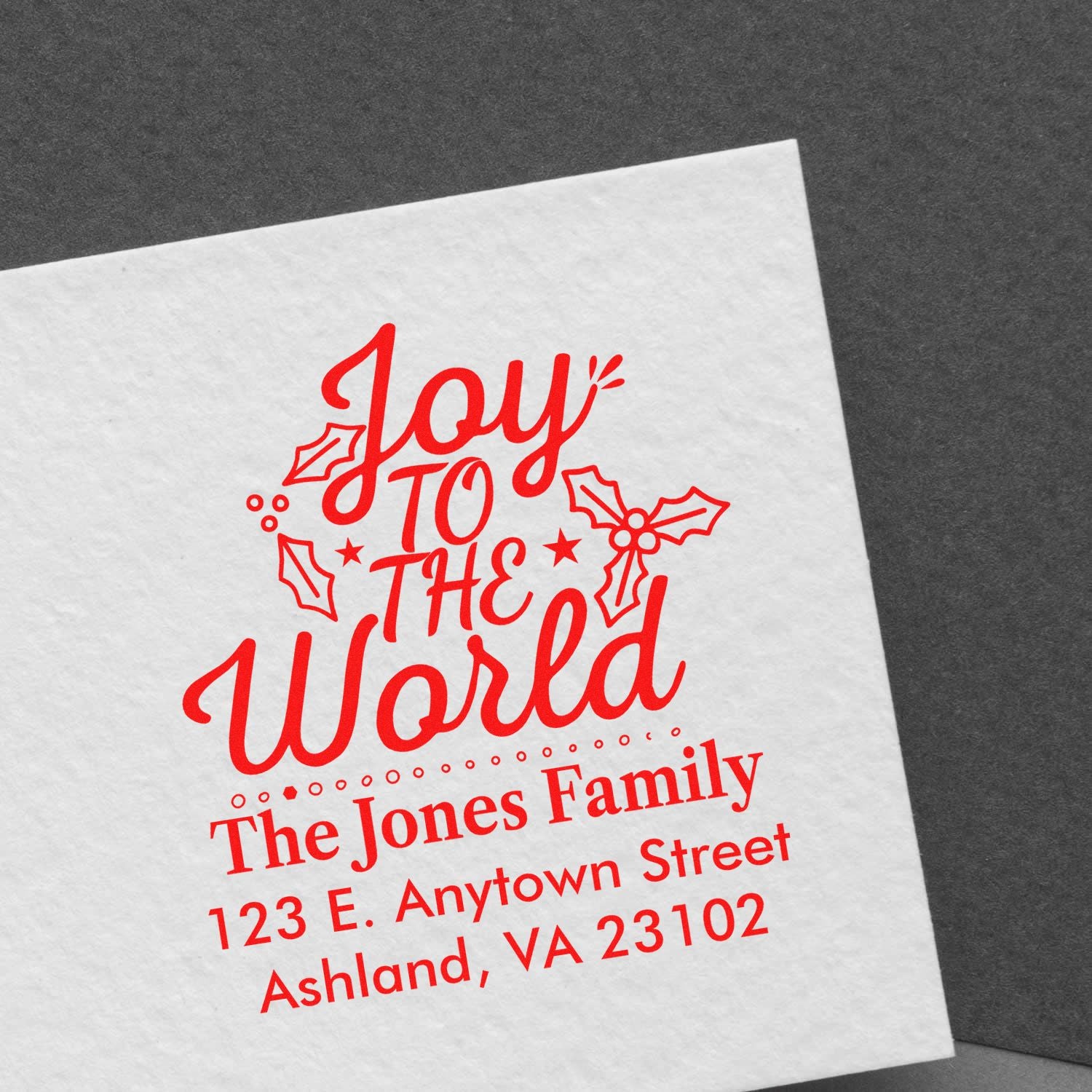 Custom Christmas return address rubber stamp with Joy to the World for The Jones Family, Ashland, VA