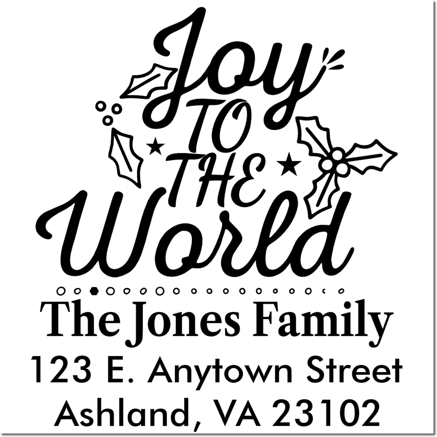 Personalized Joy to the World Christmas rubber stamp with The Jones Family name and Ashland, VA address for holiday mailings.