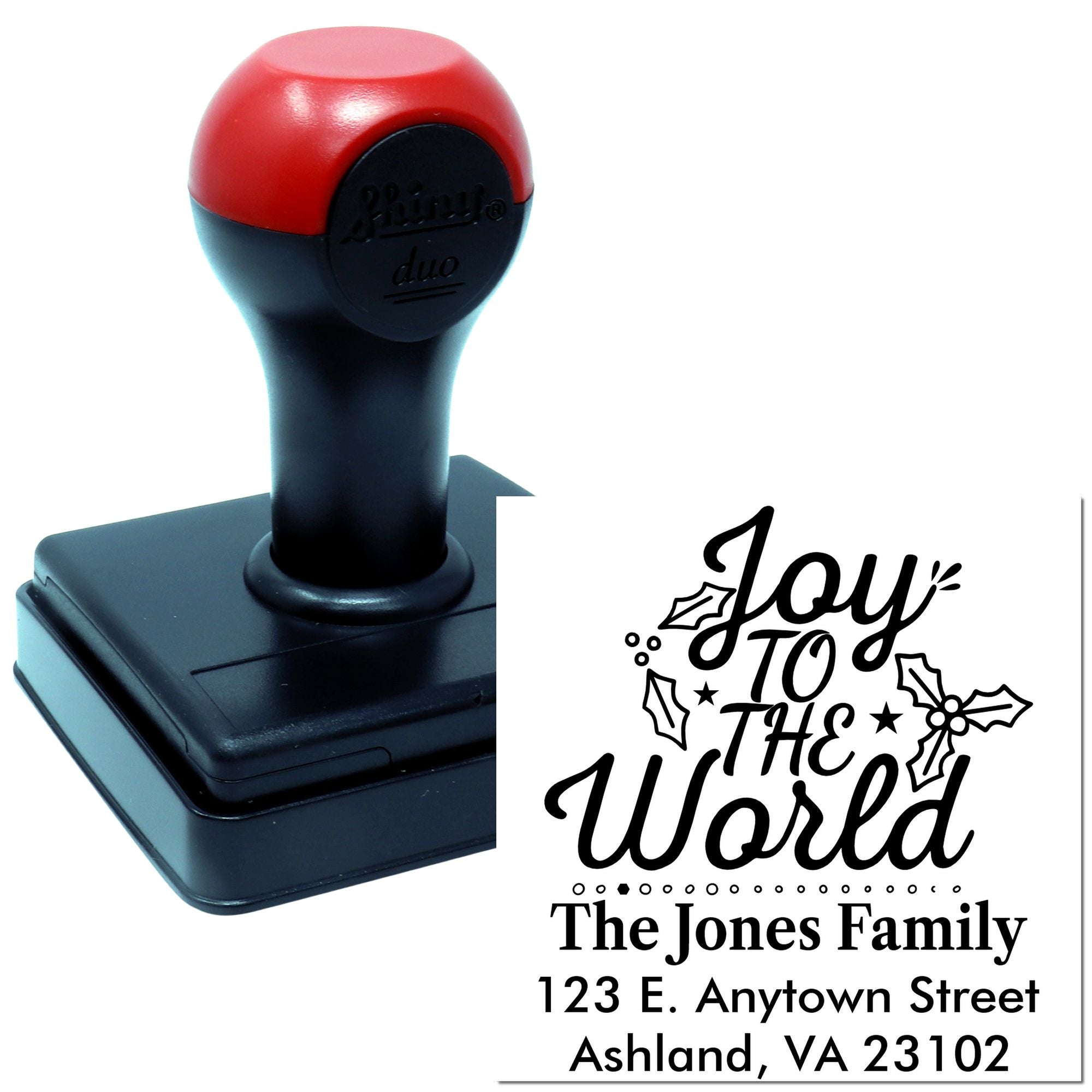 Custom self-inking rubber stamp with Joy to the World holiday address design for Christmas cards and return envelopes.
