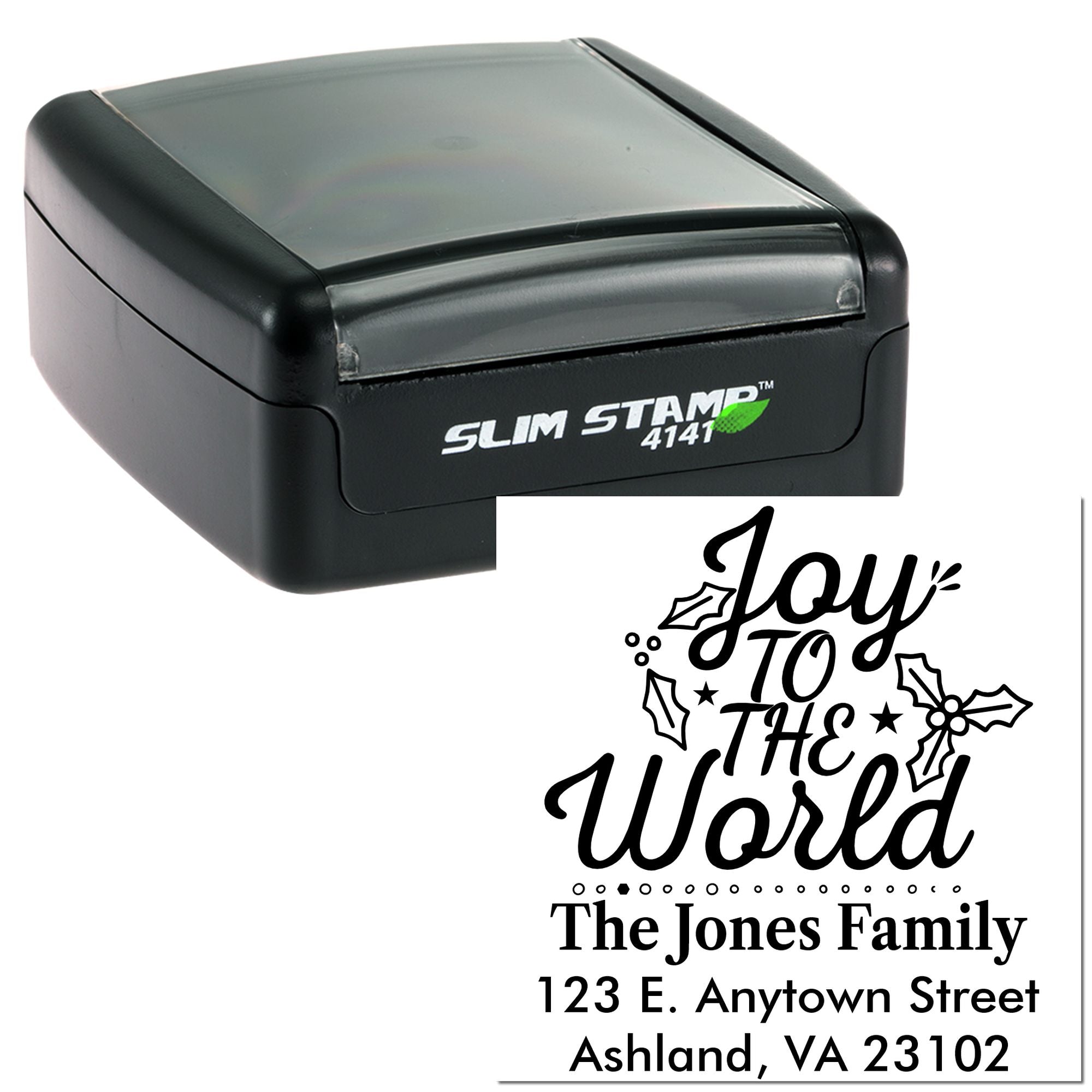 Custom Slim Stamp 4141 with Joy to the World personalized family address design for holiday rubber stamping