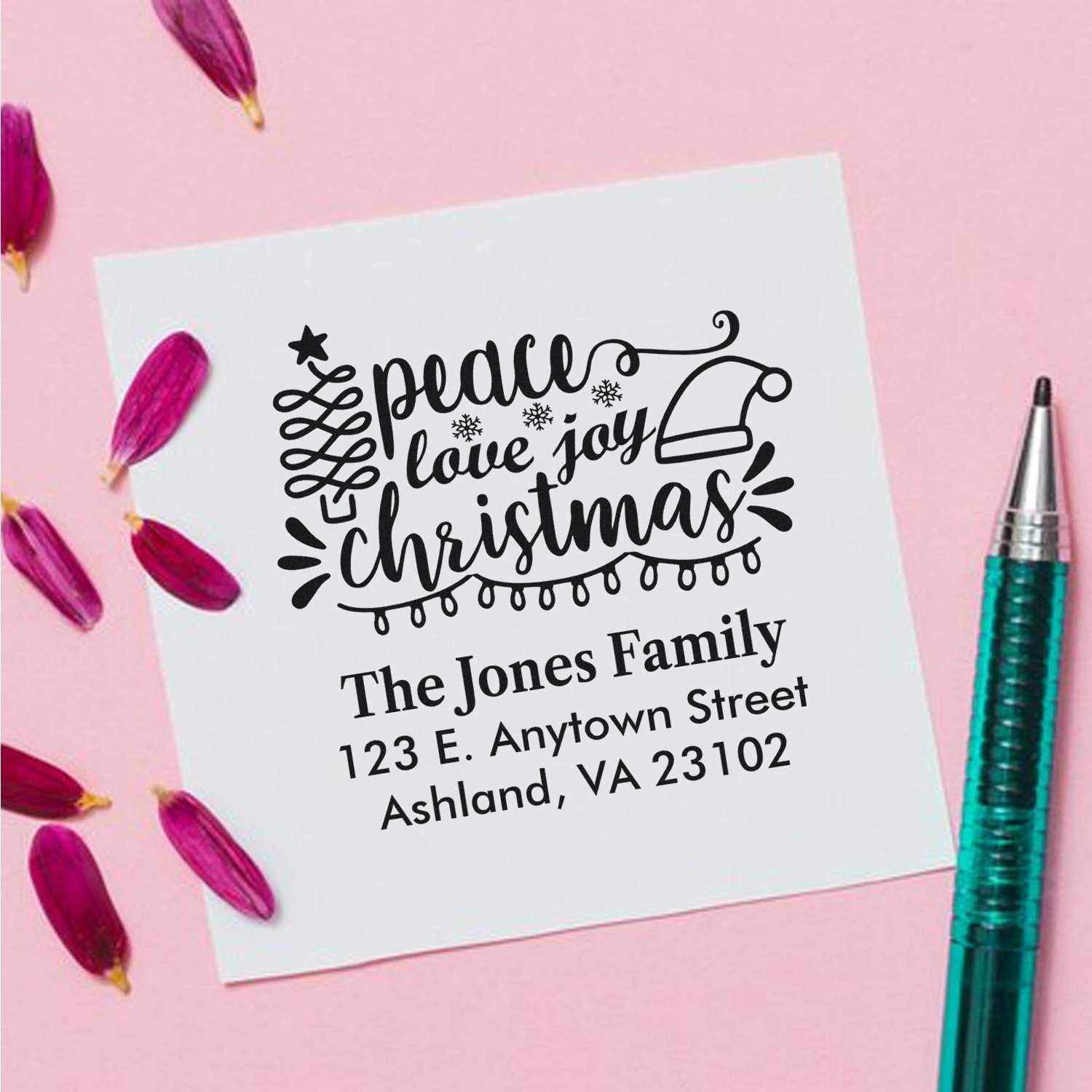 Personalized Christmas return address rubber stamp with peace, love, joy design for holiday cards and envelopes.