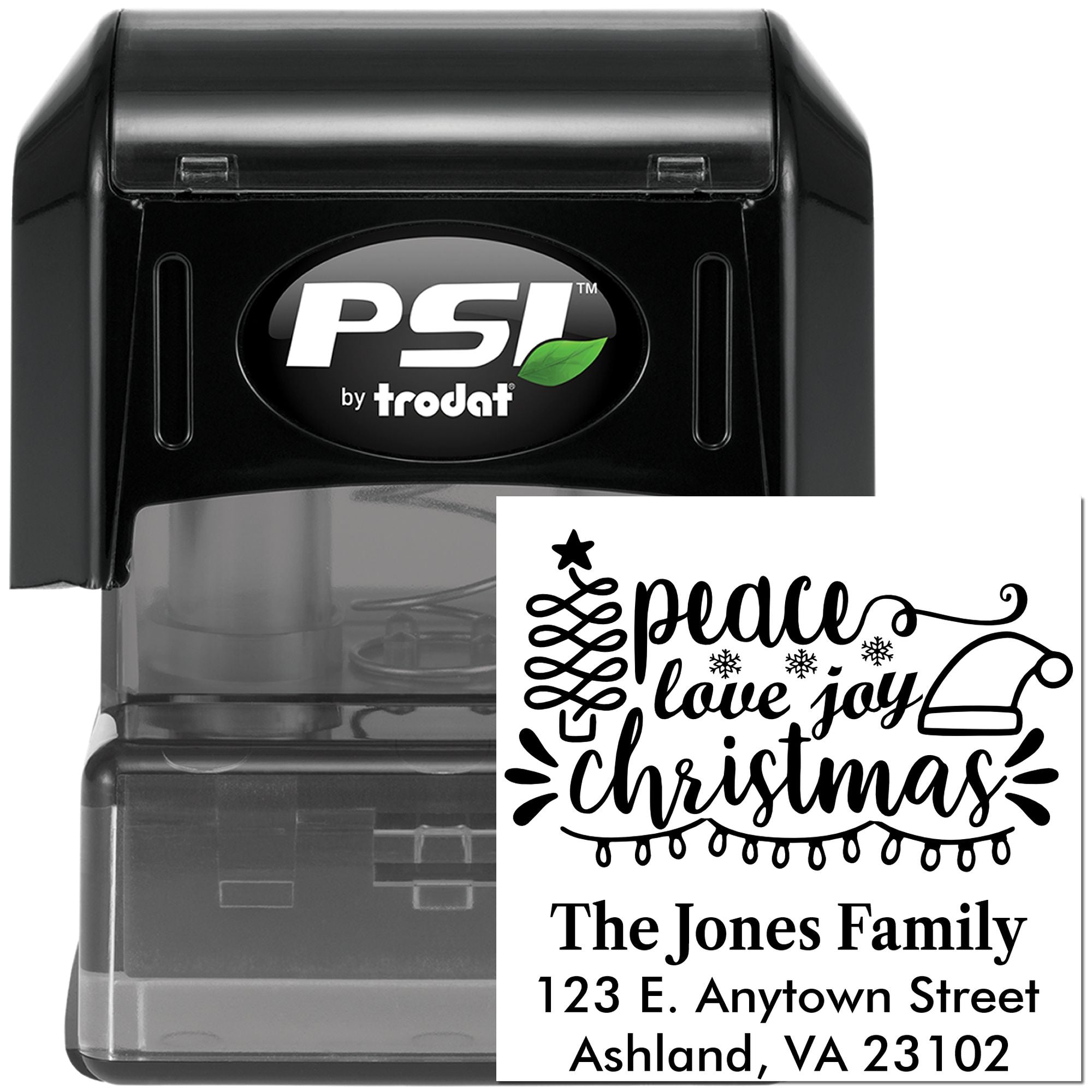 Custom Christmas return address rubber stamp with peace, love, joy design and family address, PSI by Trodat self-inking stamp.