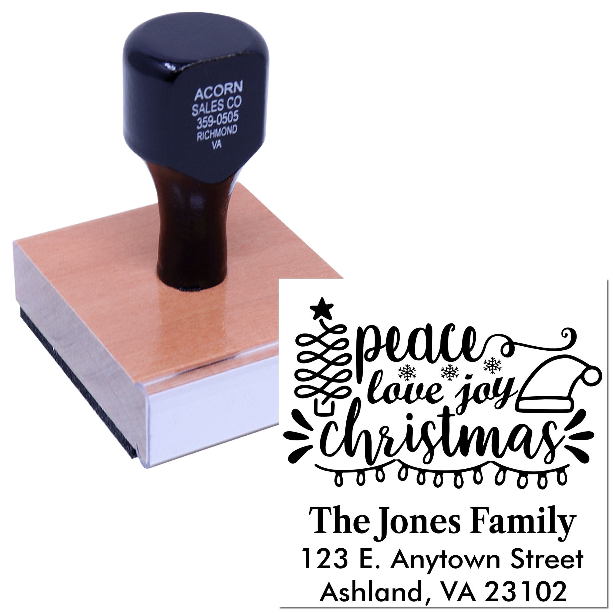 Custom Christmas address rubber stamp with peace love joy design for holiday cards and family mailings.