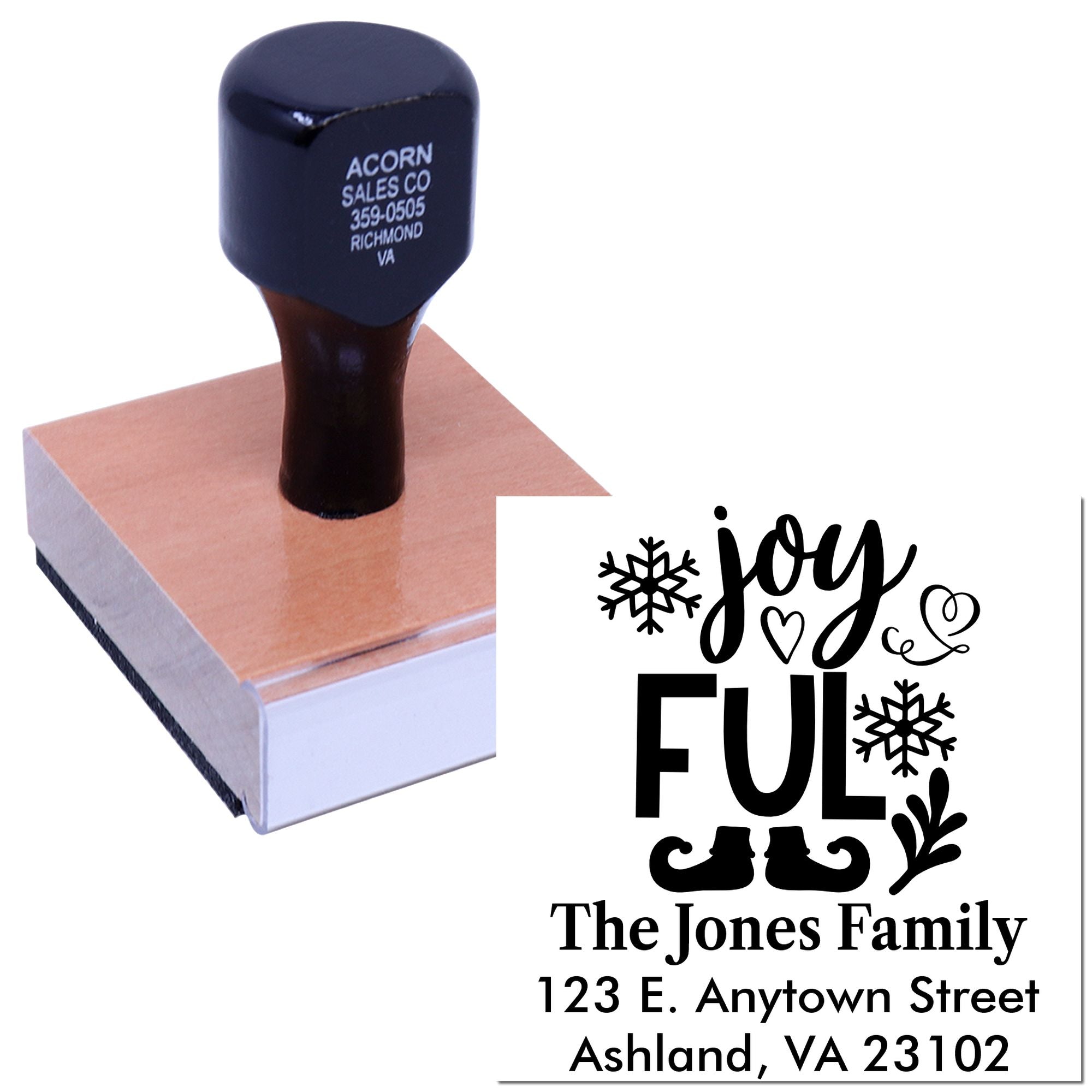 Custom holiday return address rubber stamp featuring Joyful family design for Christmas cards and seasonal mail.