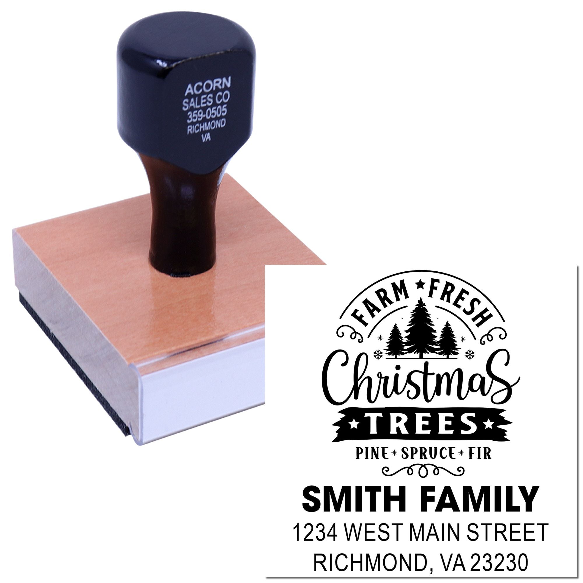 Custom return address rubber stamp with personalized Christmas tree design for holiday cards, packaging, and mail.