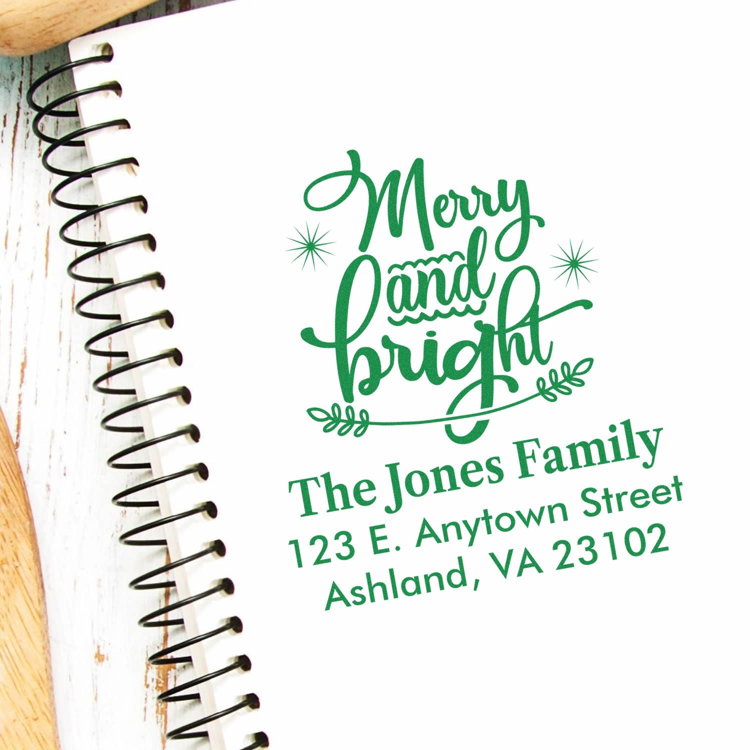 Personalized Merry and Bright Christmas return address rubber stamp for holiday cards and festive mail.