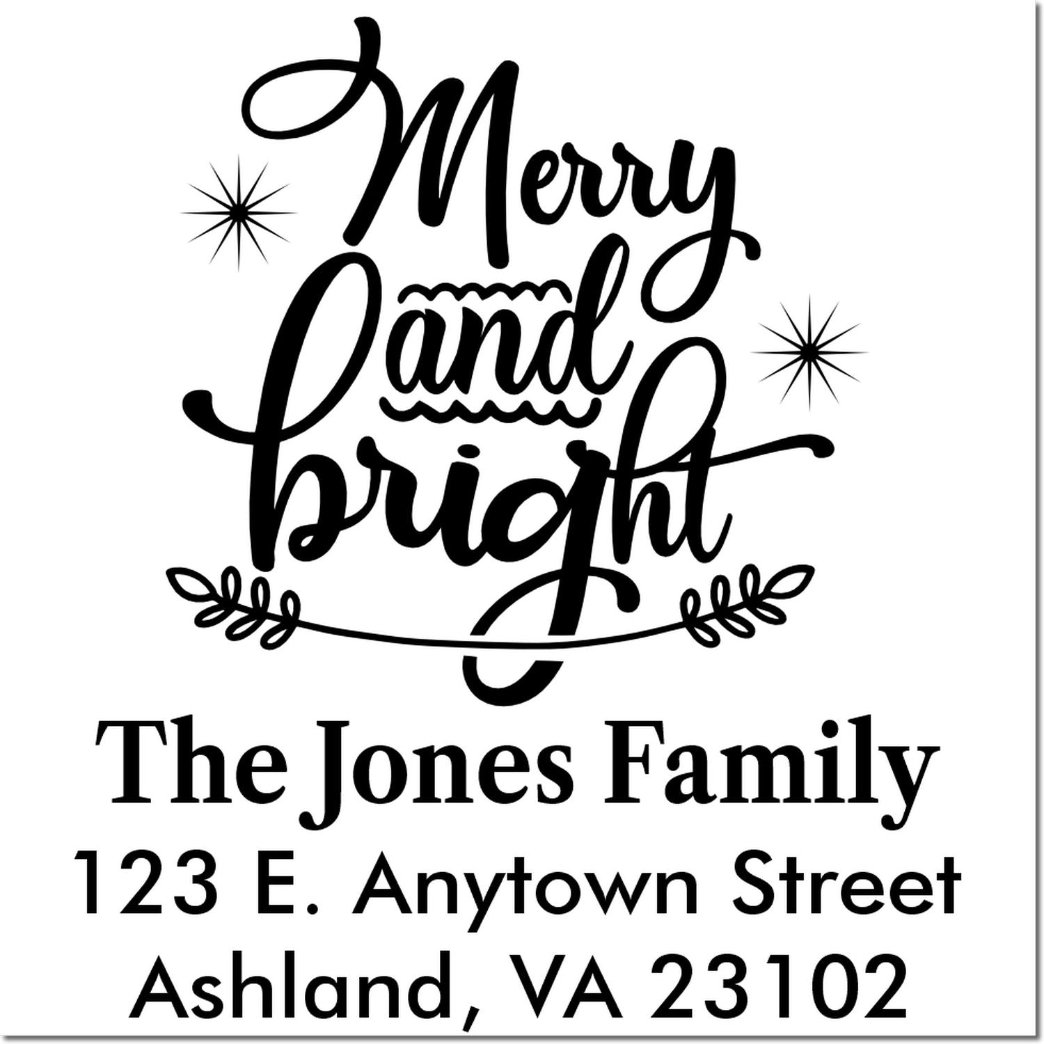 Custom Merry and Bright family return address rubber stamp with The Jones Family, Ashland VA address for Christmas cards.