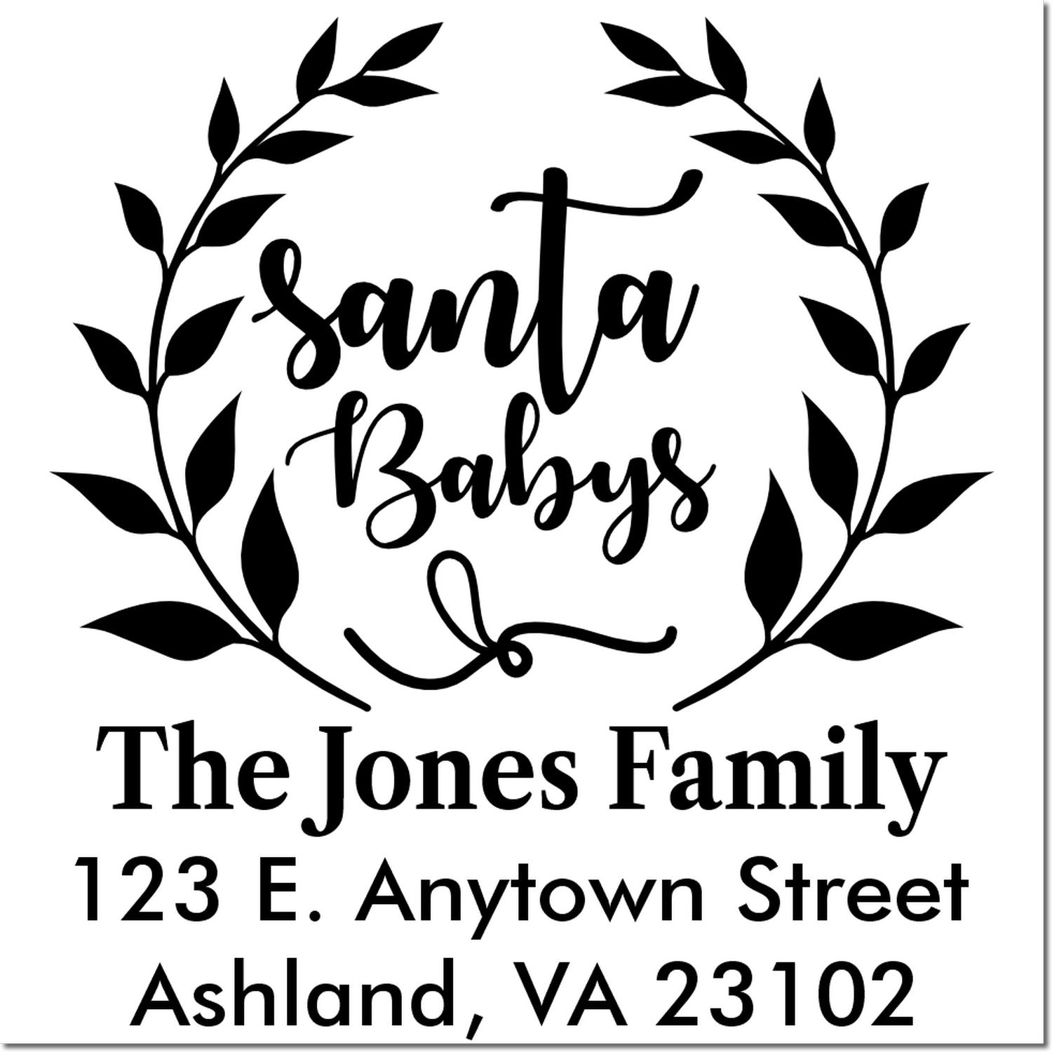 Custom Santa Baby wreath rubber stamp with family name and return address for holiday cards and envelopes.