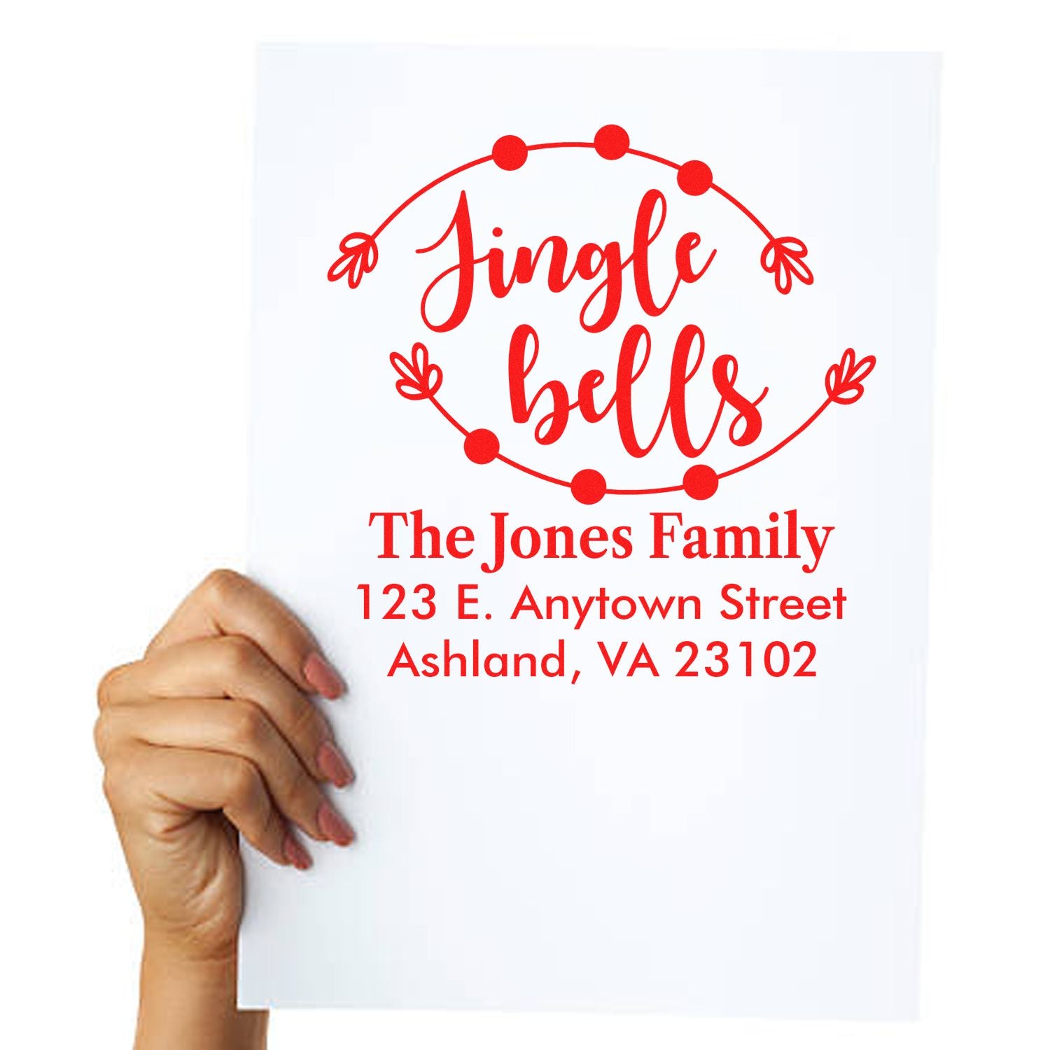 Personalized Jingle Bells holiday address stamp with family name and return address for Christmas cards and envelopes.