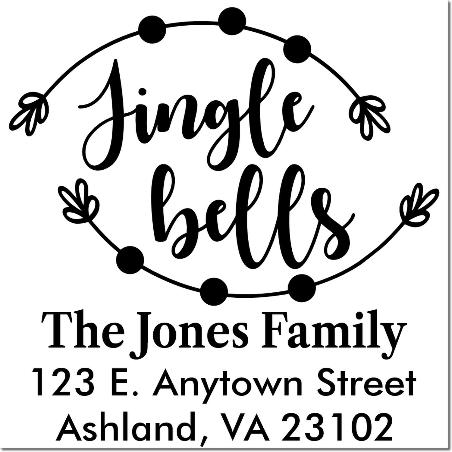 Custom Jingle Bells holiday return address rubber stamp with family name and mailing address for festive envelopes.