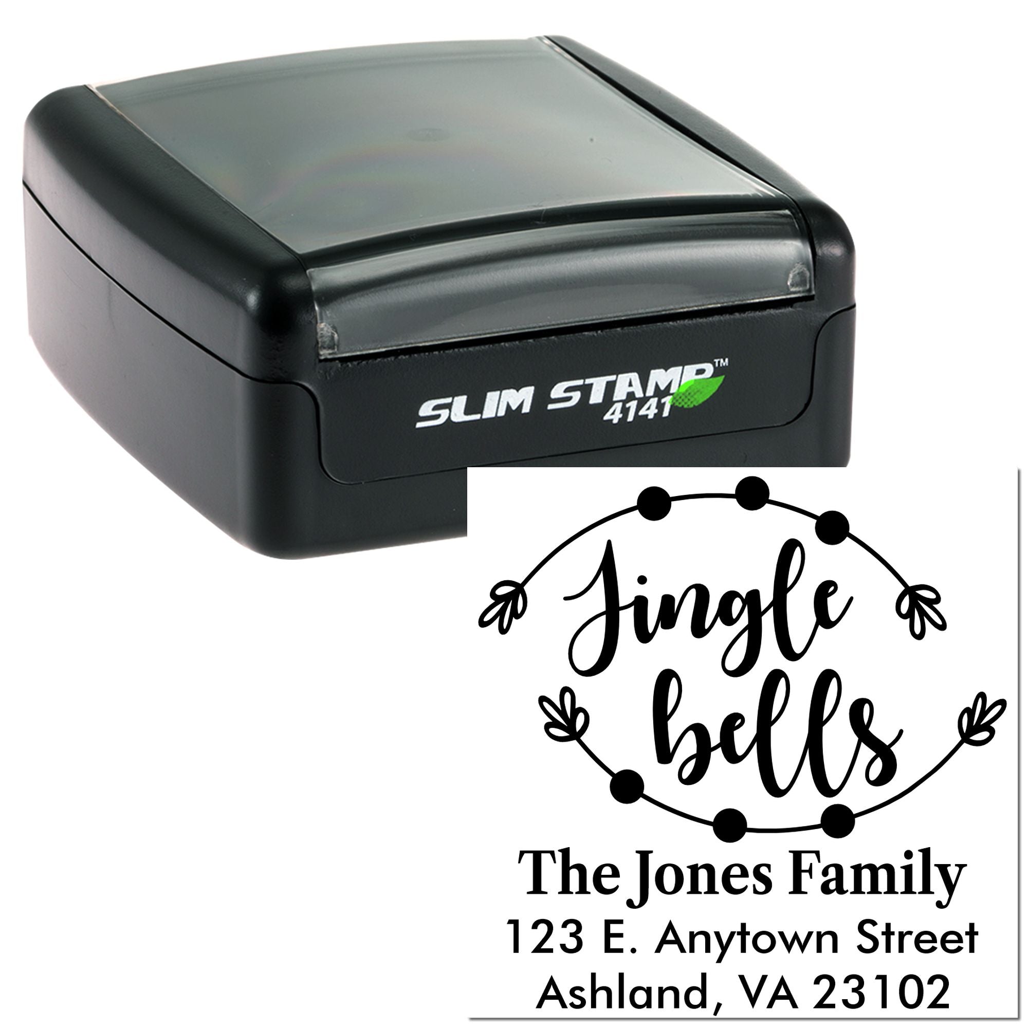 Custom self-inking rubber address stamp with Jingle Bells holiday family return address design