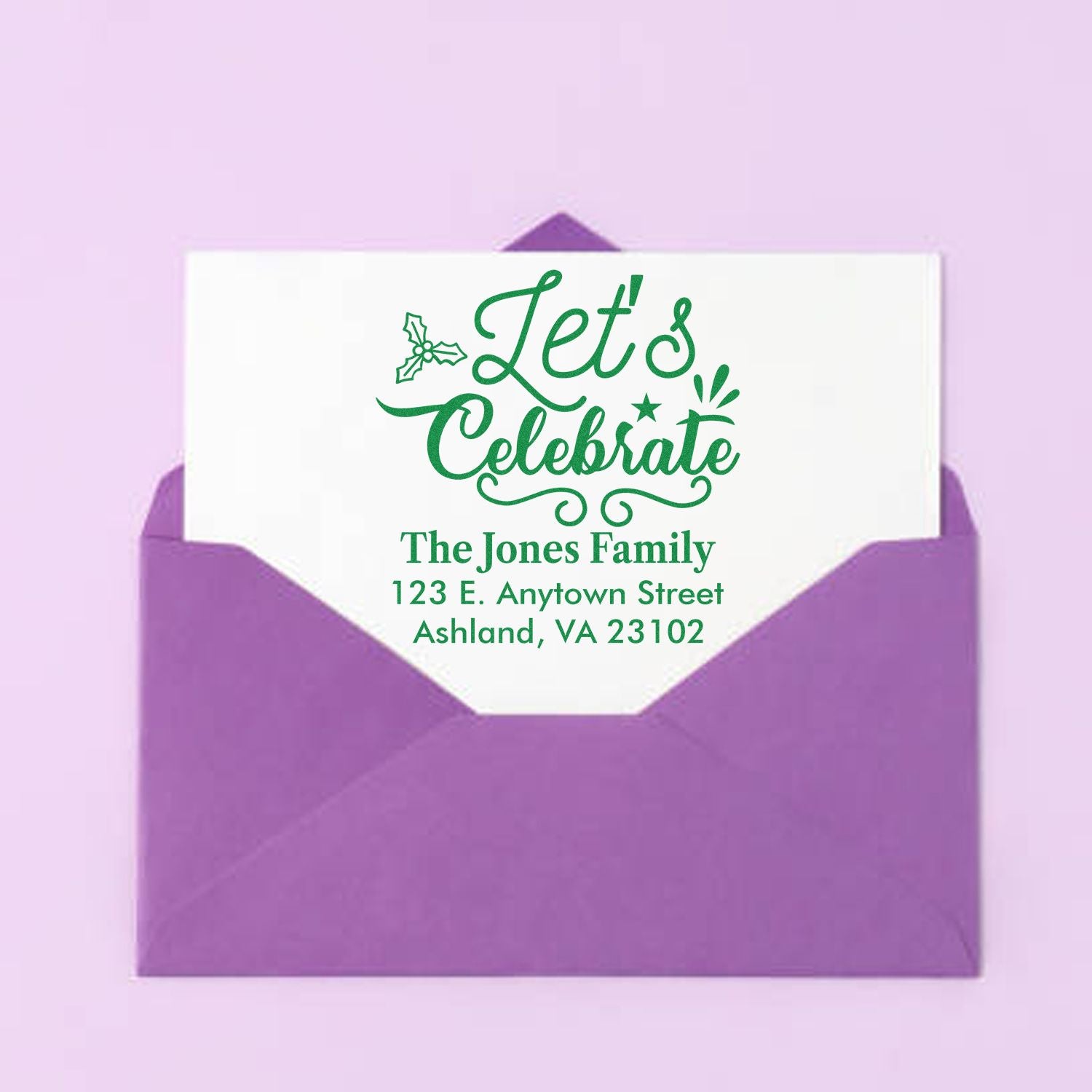 Custom holiday rubber stamp with Lets Celebrate and personalized return address for festive envelopes.