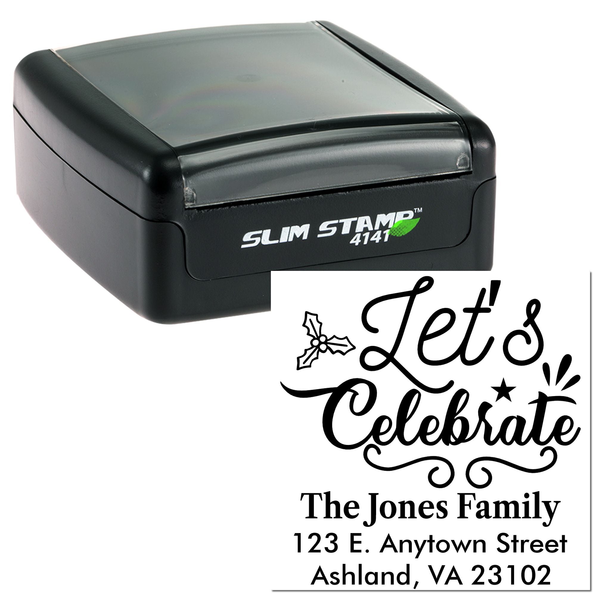 Custom self-inking rubber address stamp featuring Lets Celebrate design and The Jones Family return address