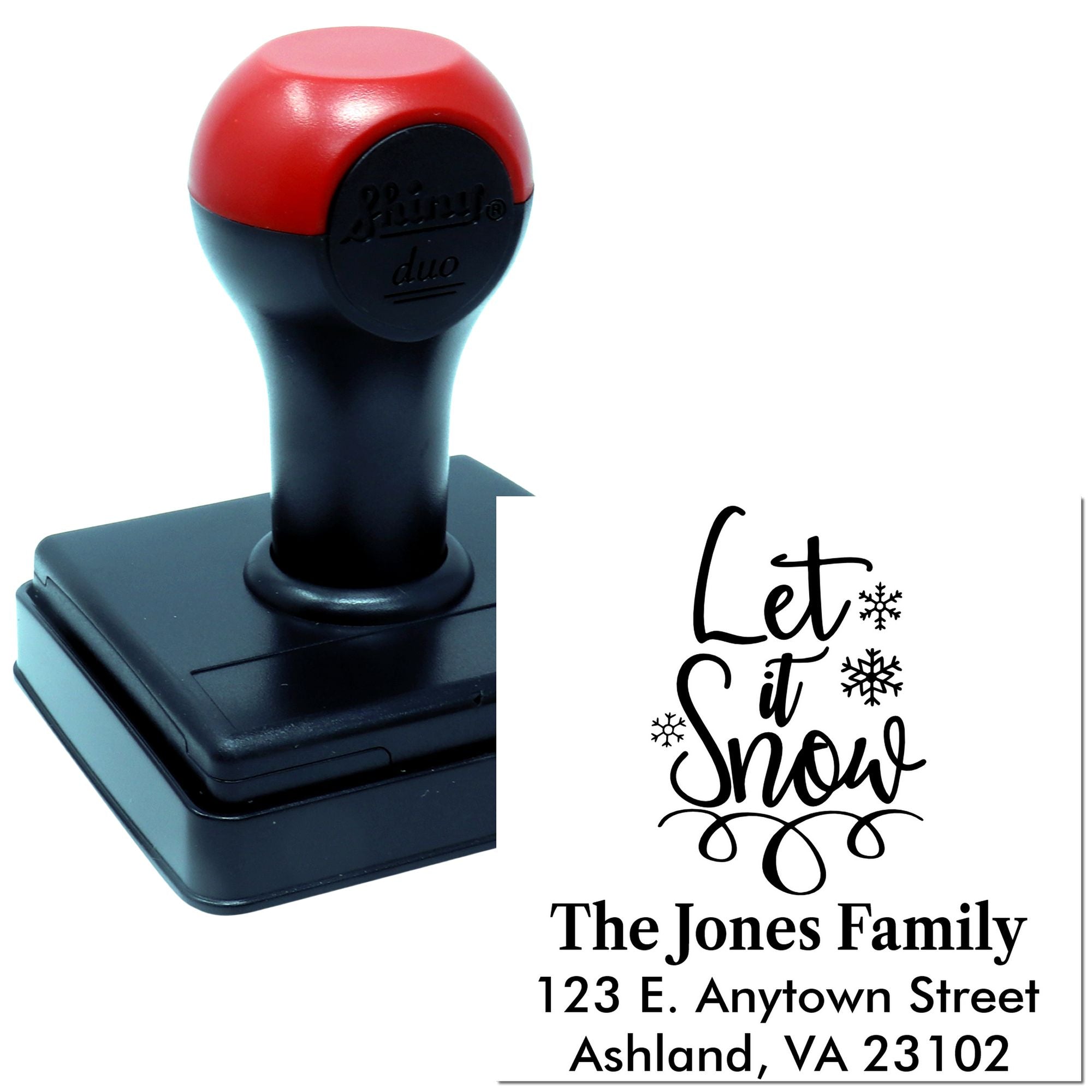 Custom self-inking rubber stamp with Let It Snow holiday design and personalized family address for Christmas card envelopes.