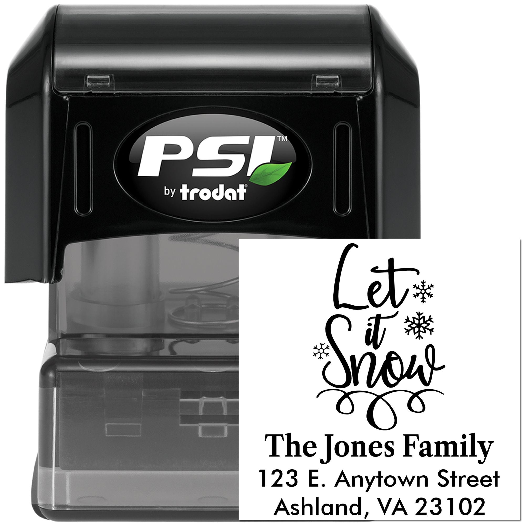 PSI by Trodat self-inking rubber stamp with custom Let It Snow holiday address design for family mailings.