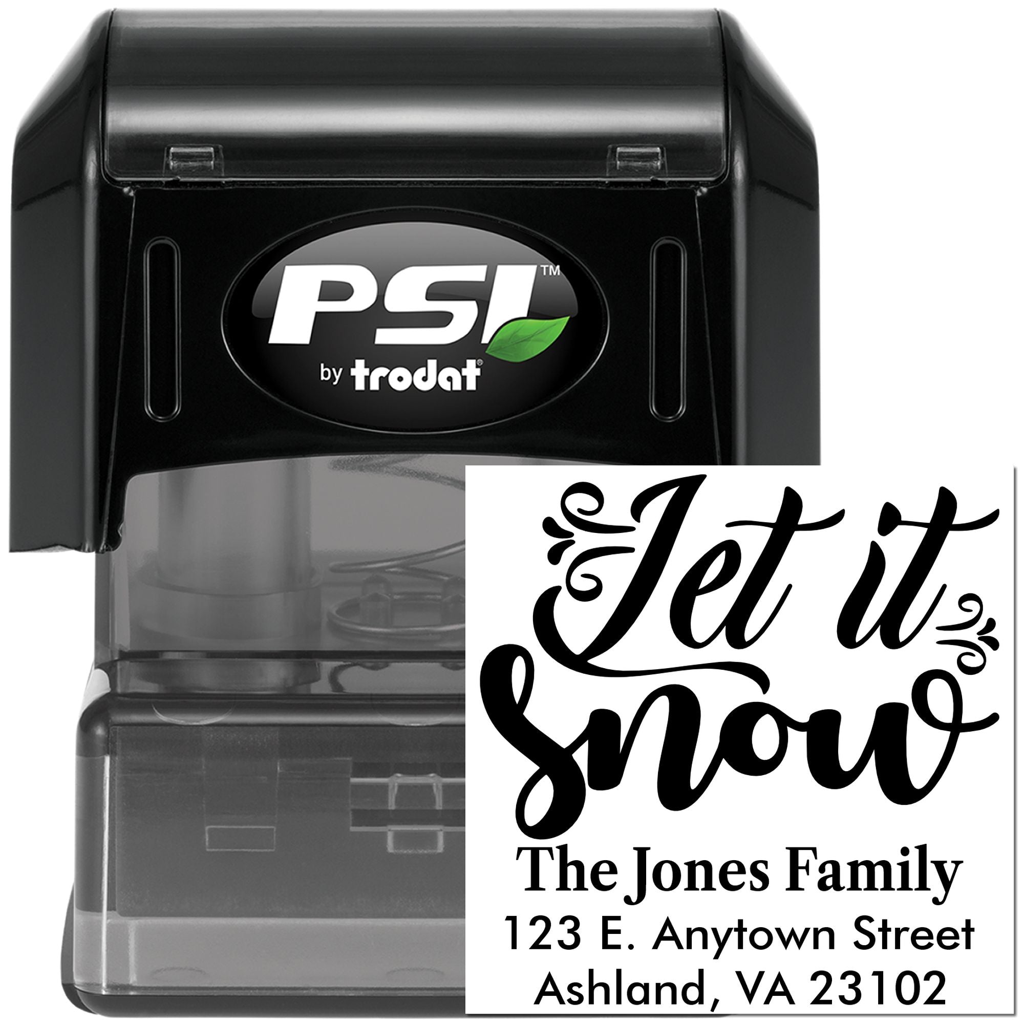 Custom self-inking rubber address stamp with Let It Snow holiday design for The Jones Family, PSI by Trodat.