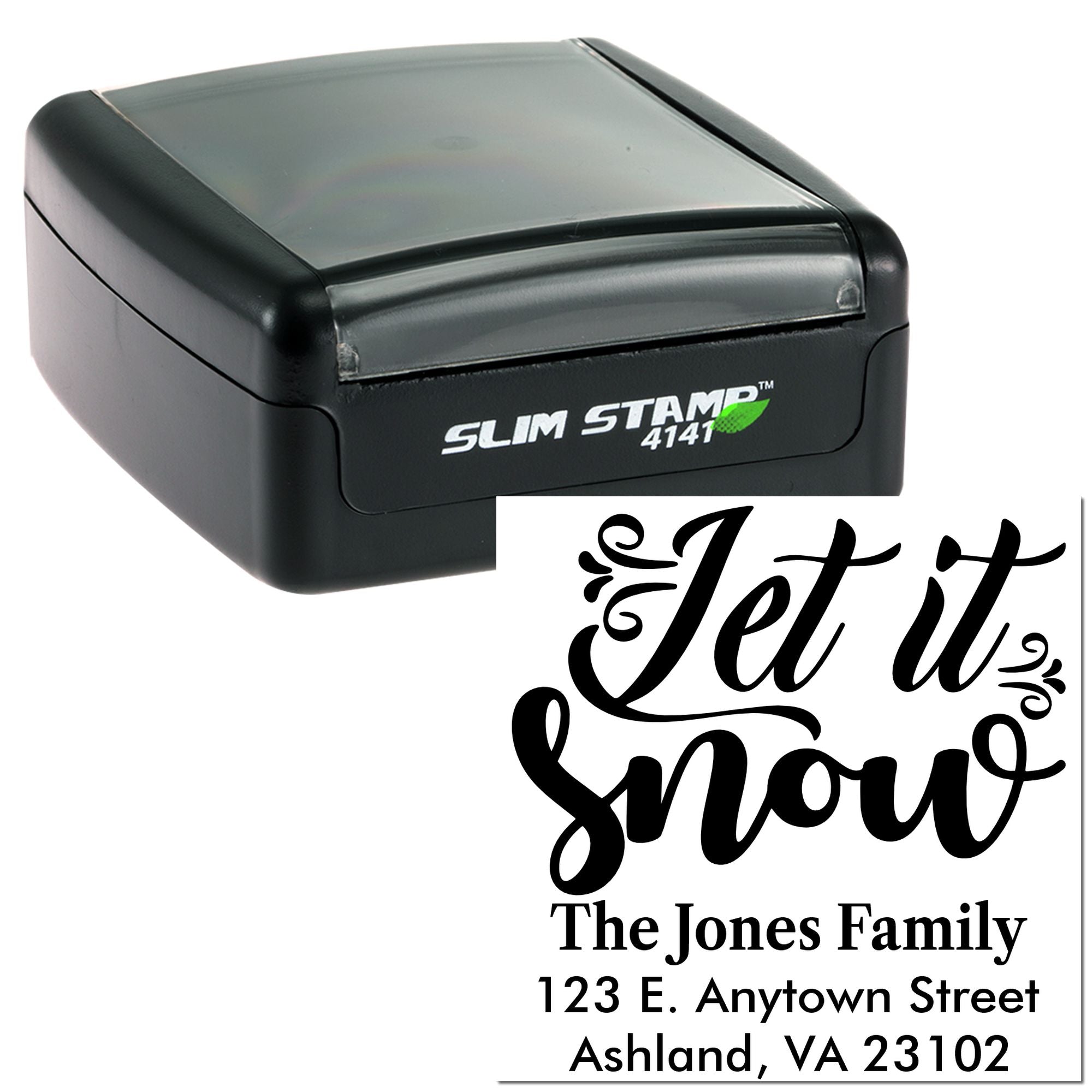 Slim self-inking rubber stamp with custom Let It Snow return address design for personalized holiday mailing.