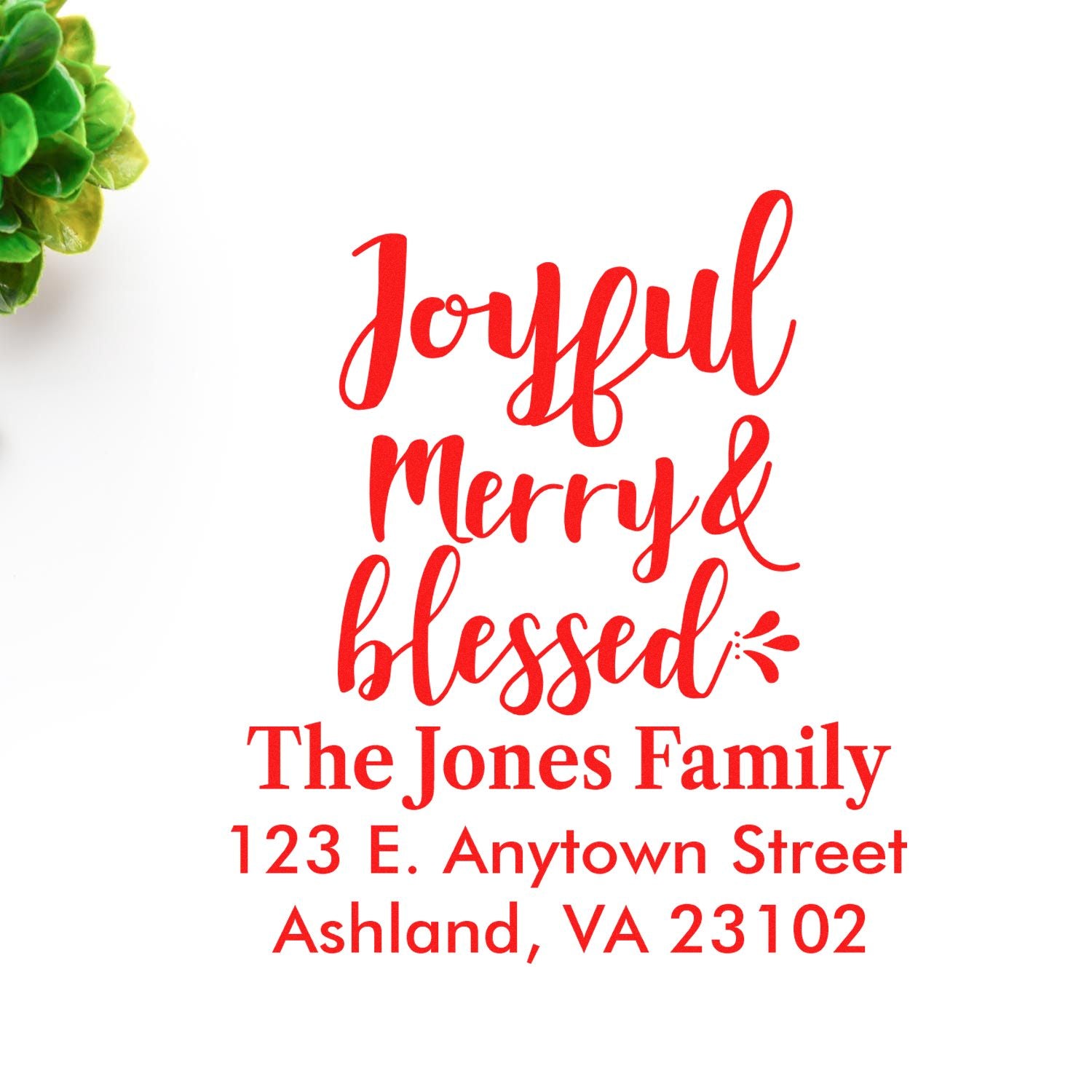 Personalized Joyful Merry & Blessed holiday return address rubber stamp for The Jones Family, Ashland, VA