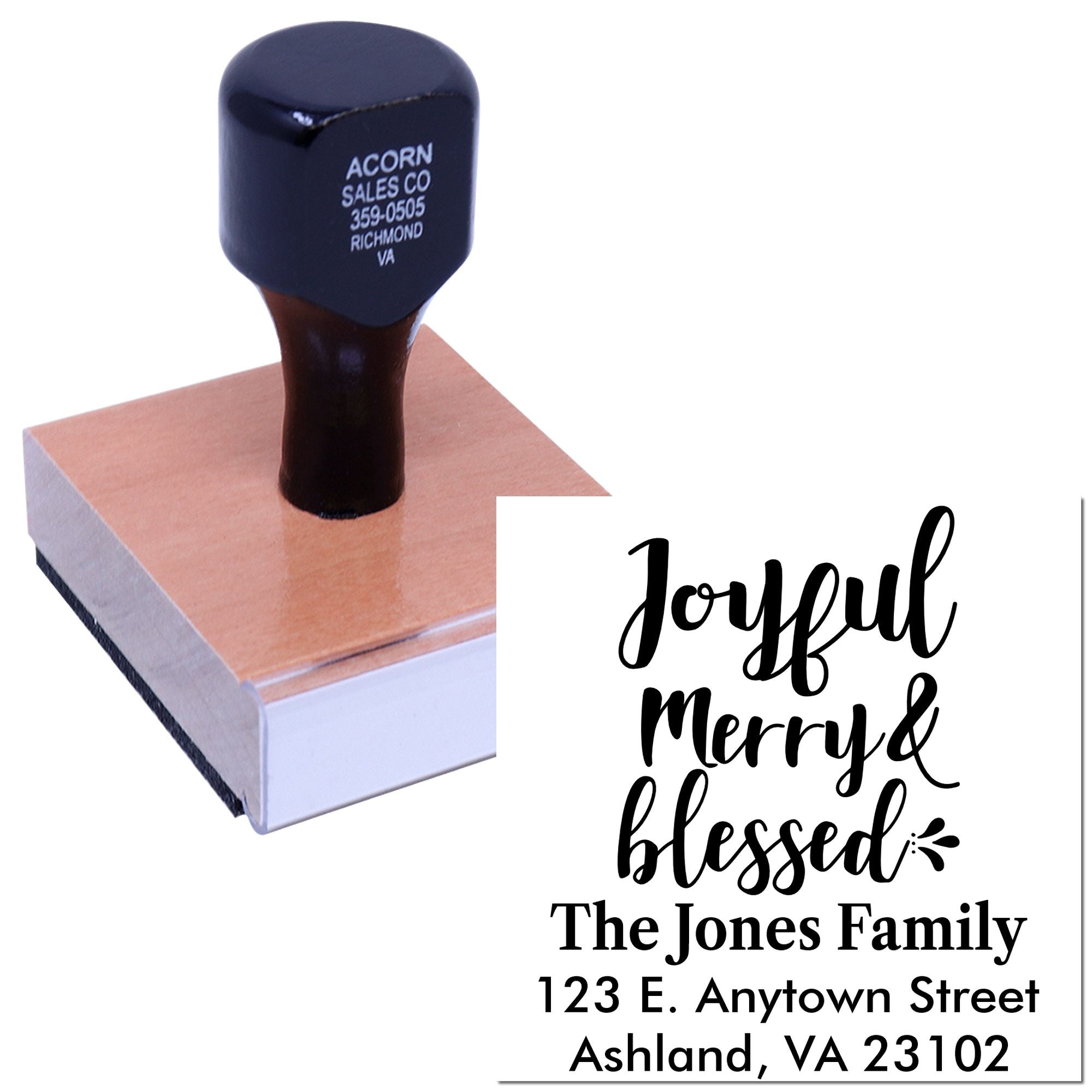 Personalized Christmas rubber stamp with Joyful, Merry & Blessed holiday address design for The Jones Family.