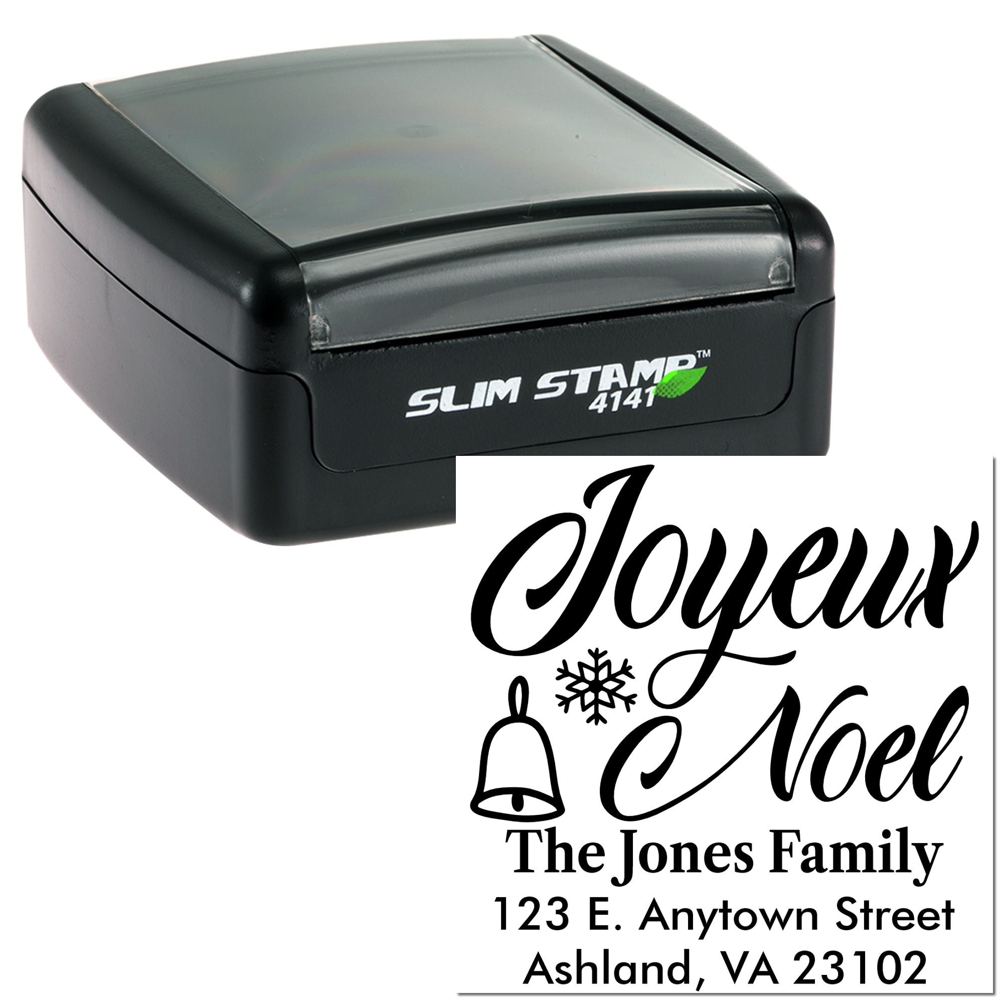 Custom self-inking Slim Stamp rubber stamp with Joyeux Noel holiday return address for The Jones Family.