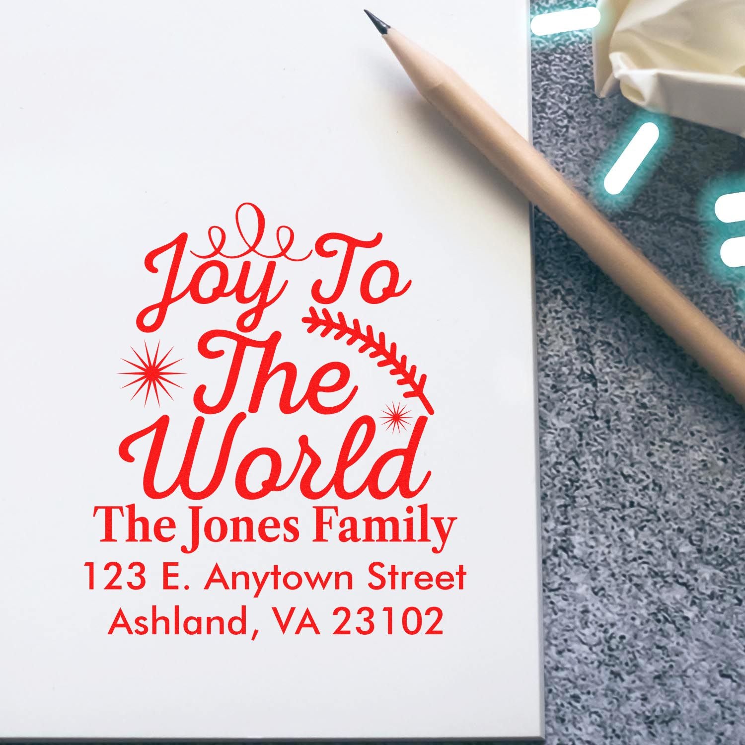 Custom Joy To The World Christmas address rubber stamp with family name for holiday cards and envelopes.