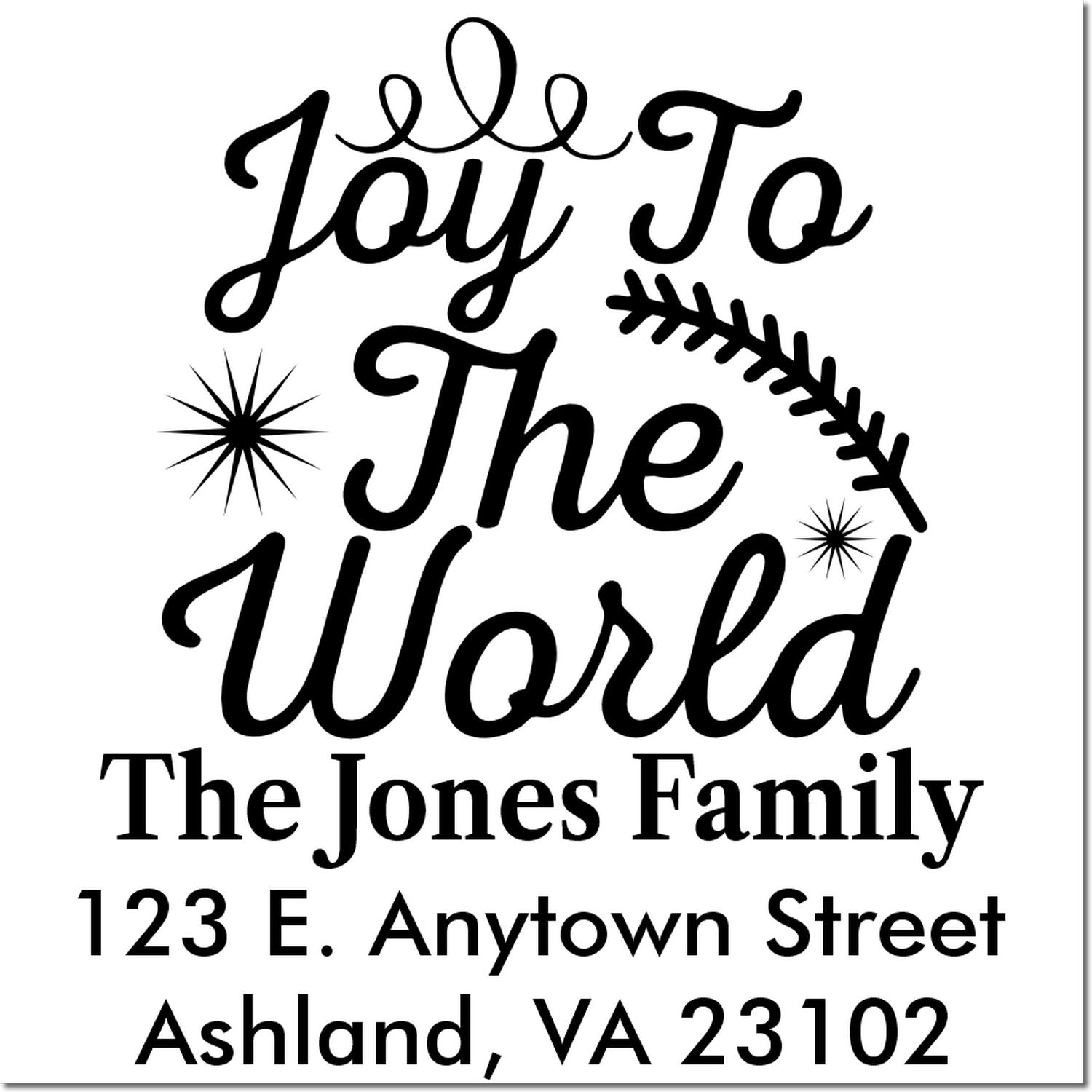 Custom Joy To The World holiday address rubber stamp for The Jones Family, Ashland, VA 23102