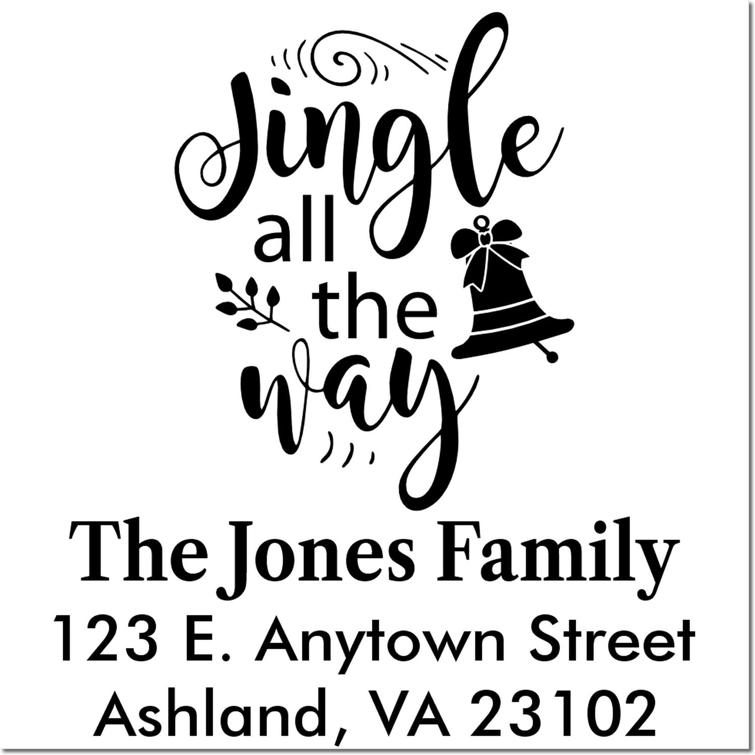 Personalized holiday return address rubber stamp with Jingle all the way design, bell graphic, name, and home address.
