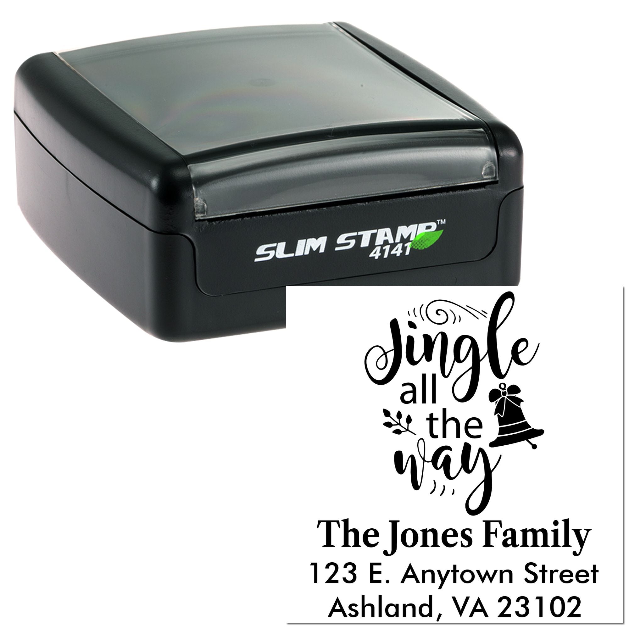 Self-inking rubber stamp with custom holiday return address imprint reading Jingle all the way for The Jones Family.