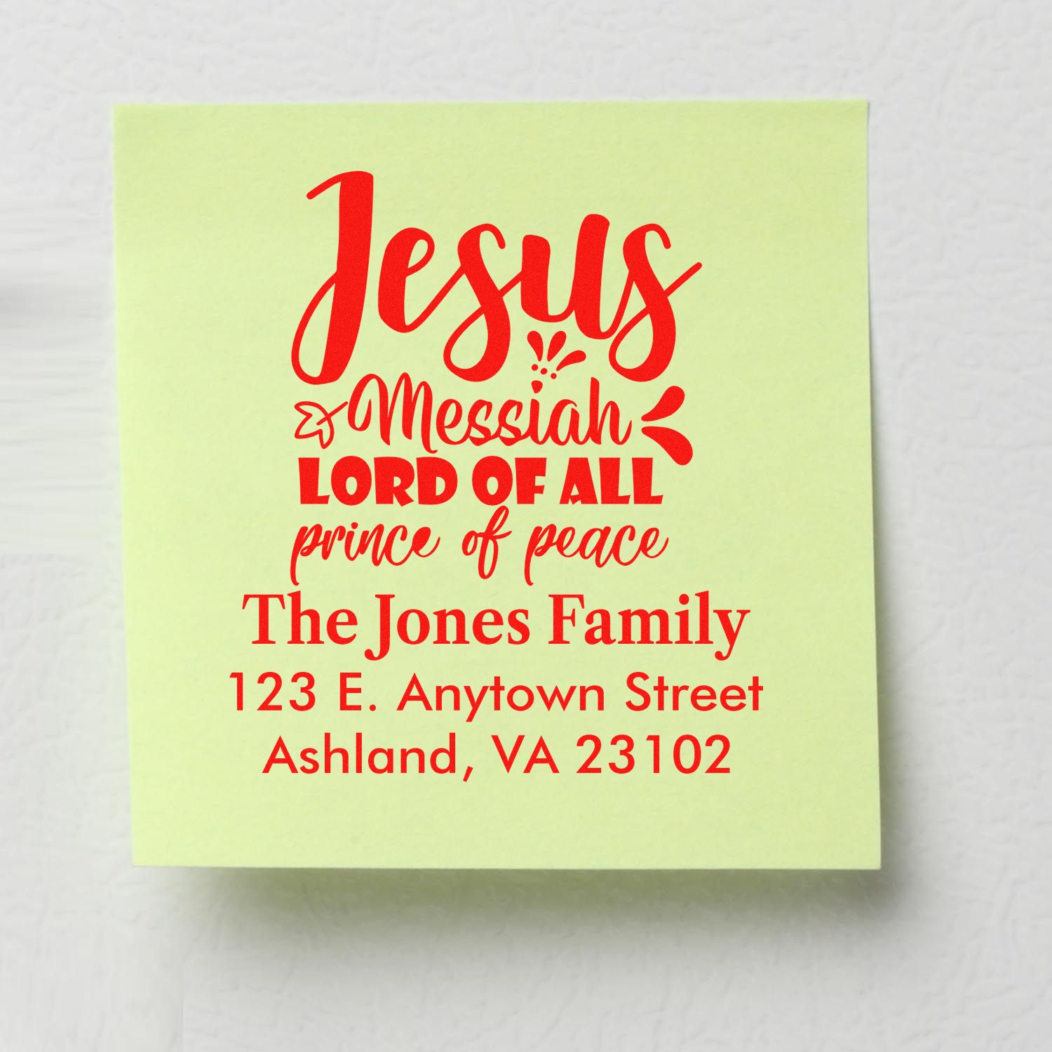 Custom Christian address rubber stamp with Jesus Messiah, Lord of All, Prince of Peace for The Jones Family in Ashland, VA