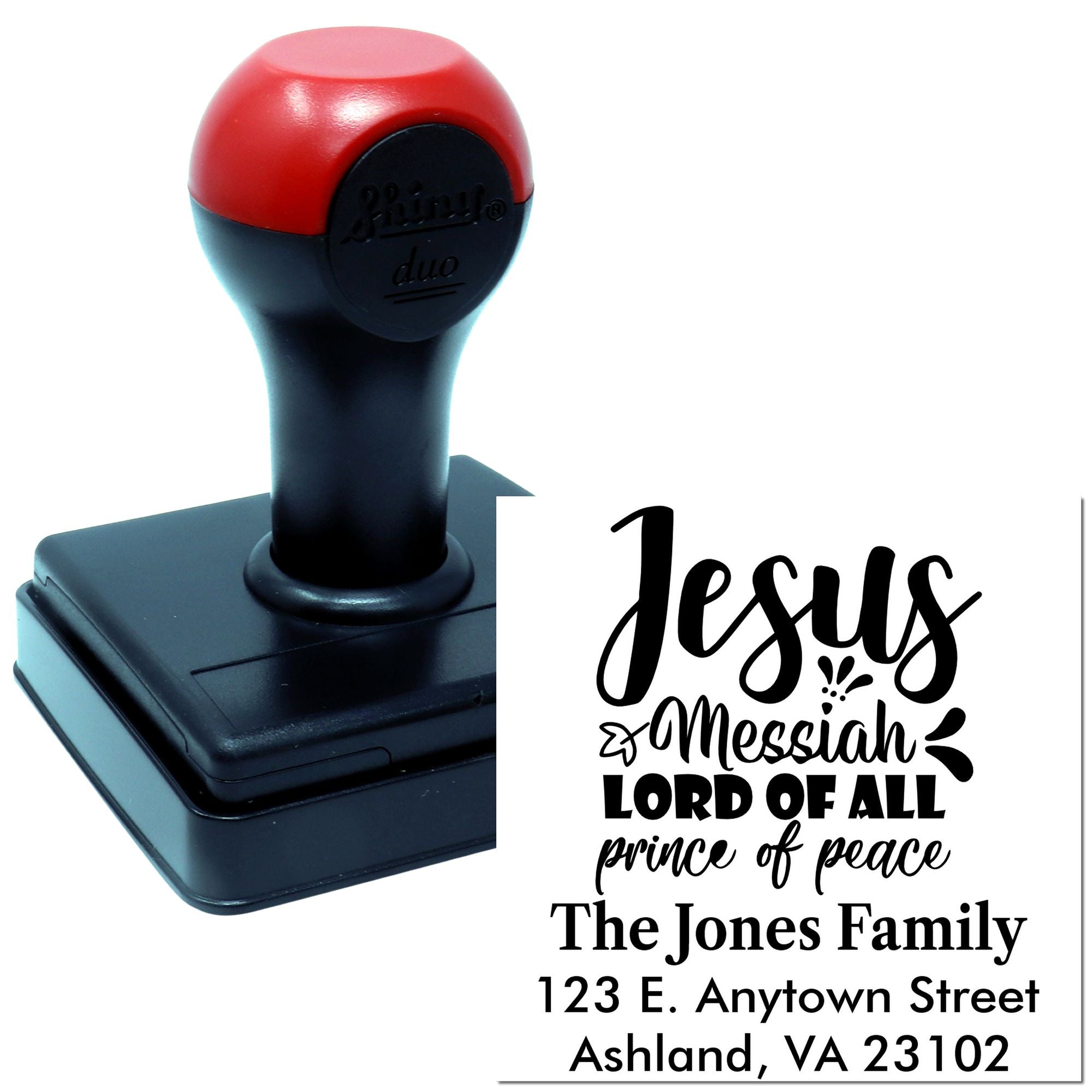 Custom self-inking rubber address stamp with Jesus Messiah, Lord of All, Prince of Peace design for The Jones Family