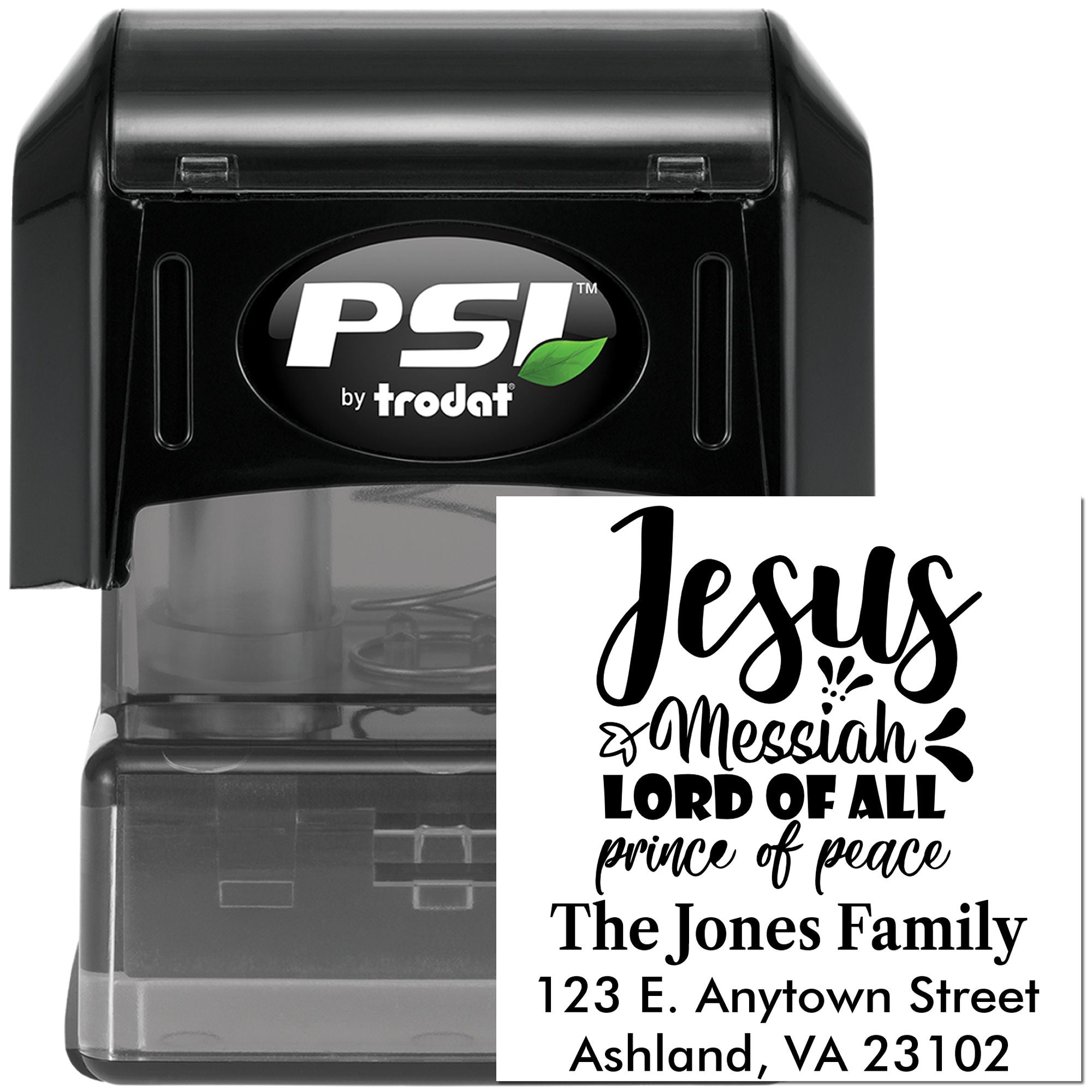 Custom PSI by Trodat self-inking rubber stamp with Jesus Messiah design, family name, and return address.