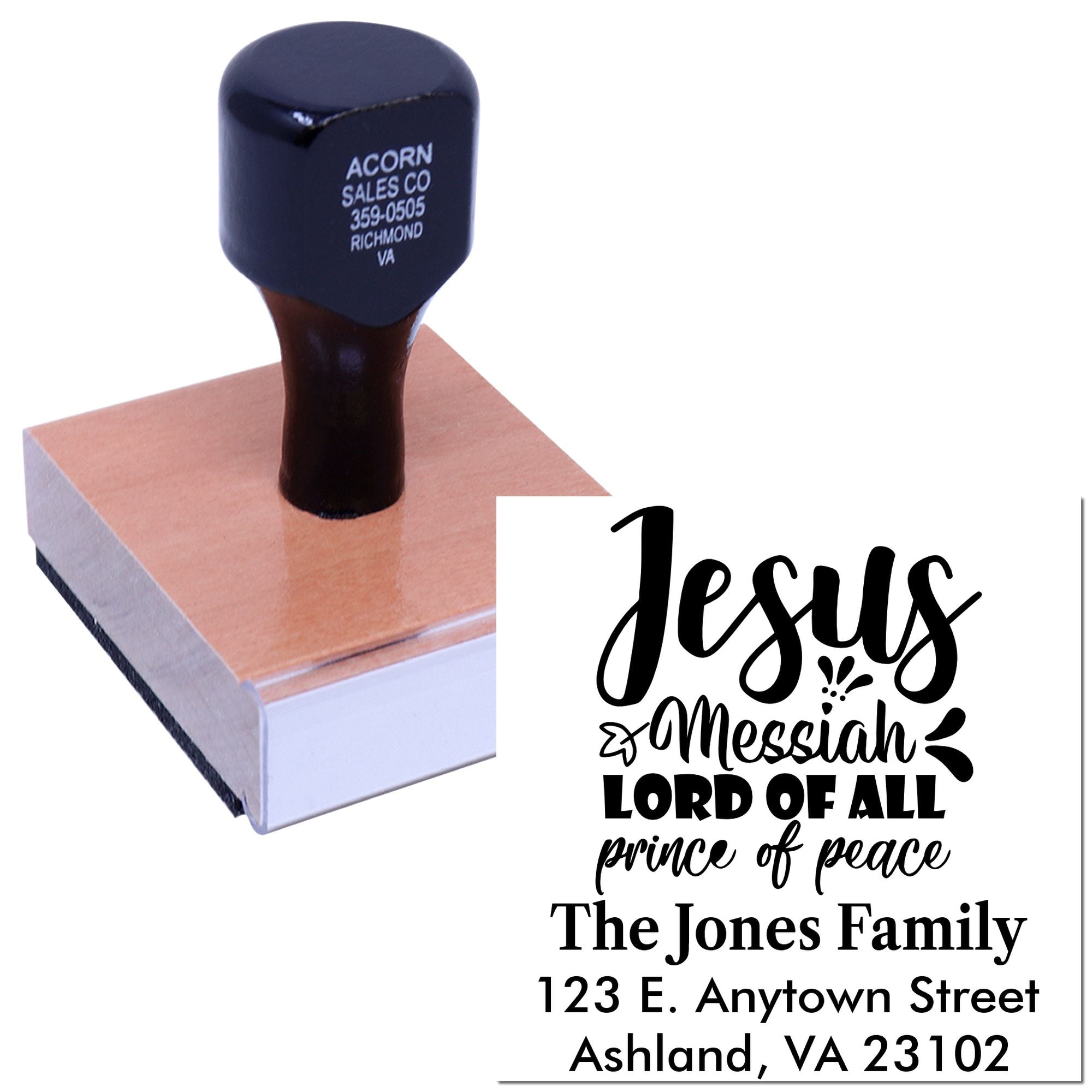 Custom self-inking rubber stamp with Christian quote, family name, and address for personalized mailing.