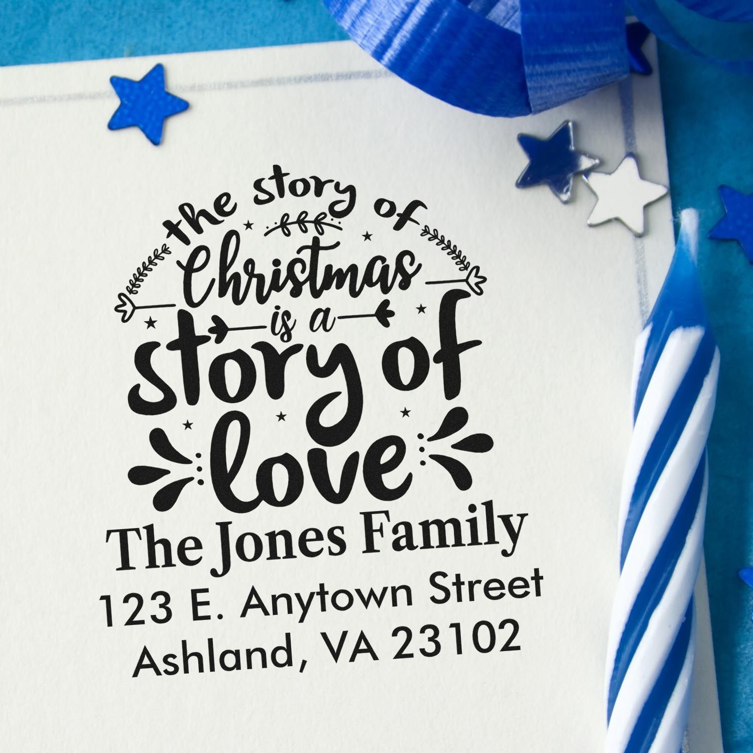 Personalized Christmas rubber stamp with family return address and story of love holiday greeting on a card.