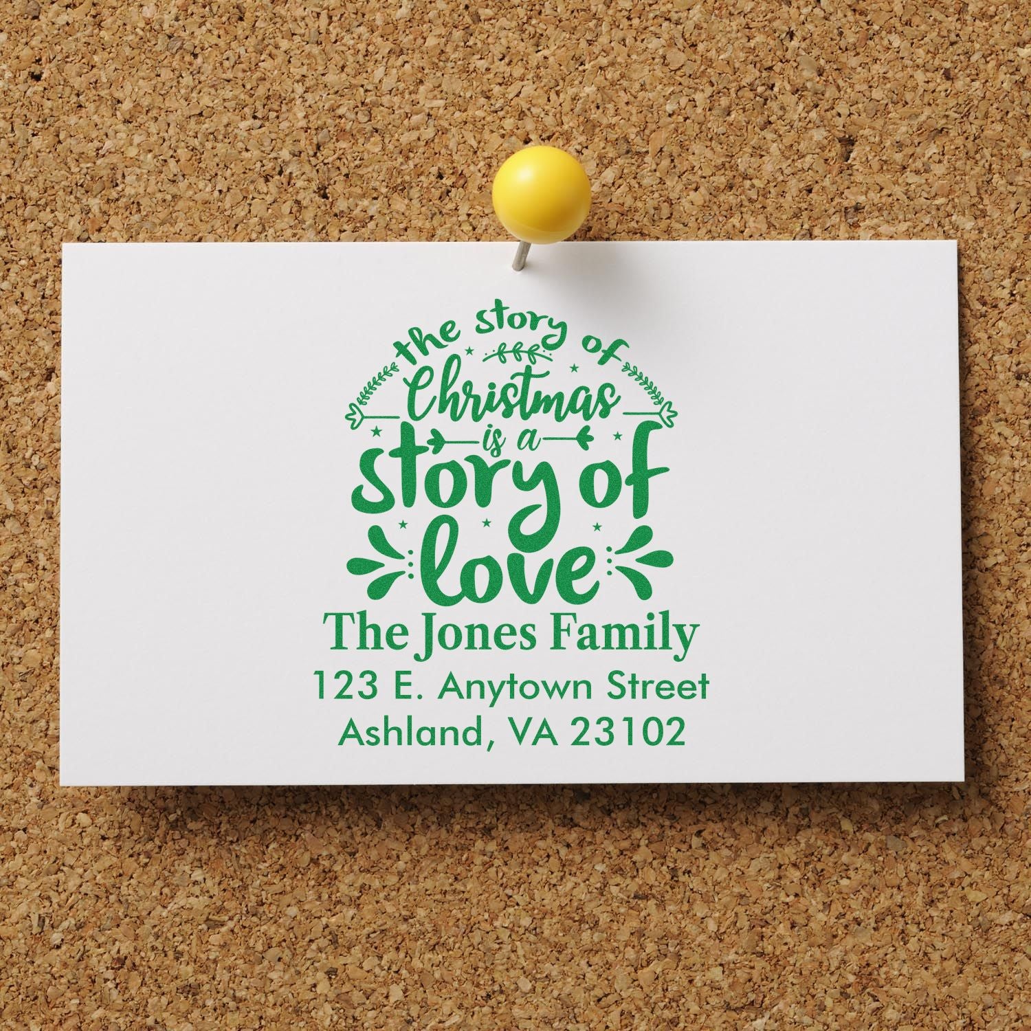 Personalized Christmas return address rubber stamp for holiday cards, featuring a story of love design.