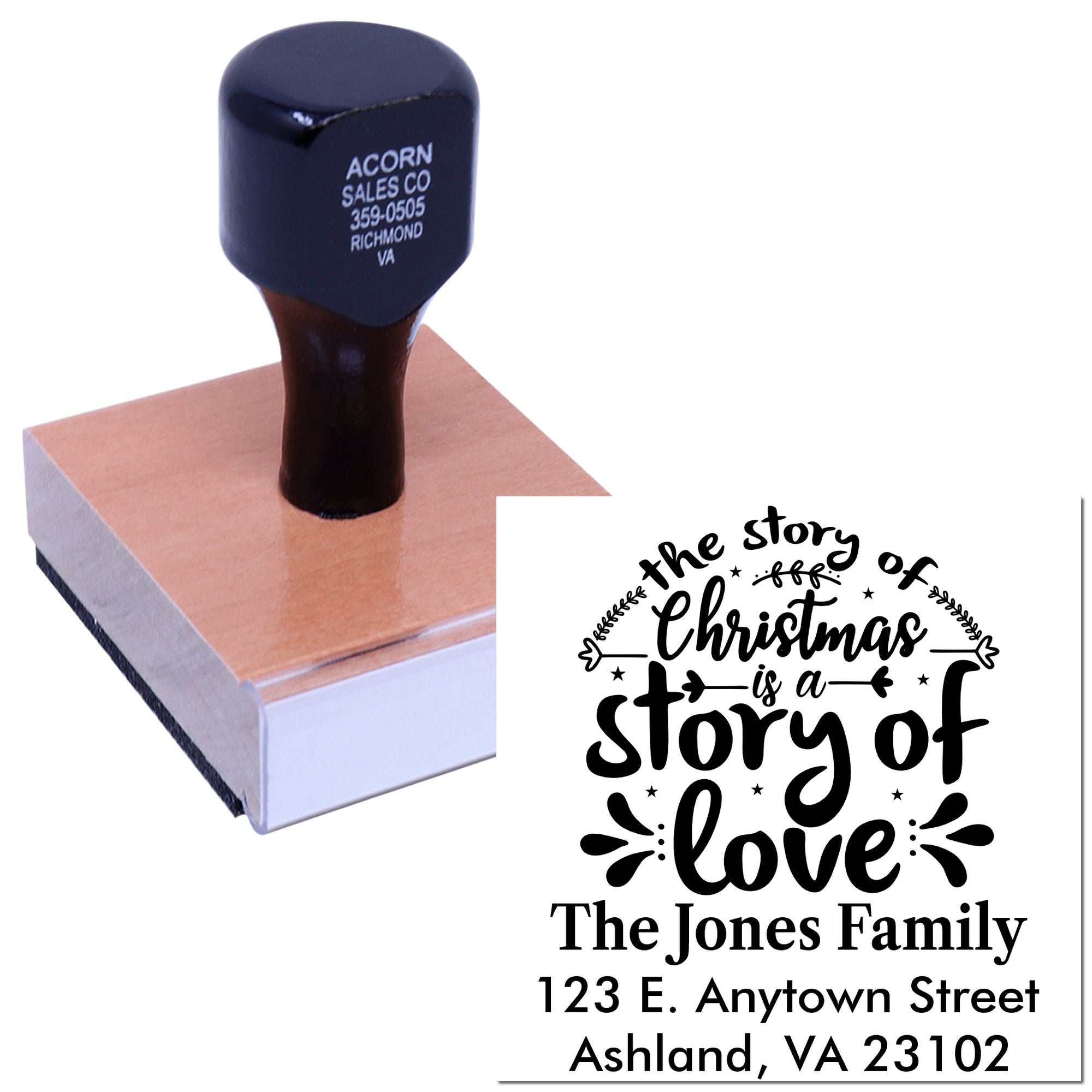 Personalized Christmas rubber stamp with family name and address for holiday cards, featuring the story of Christmas is a story of love.