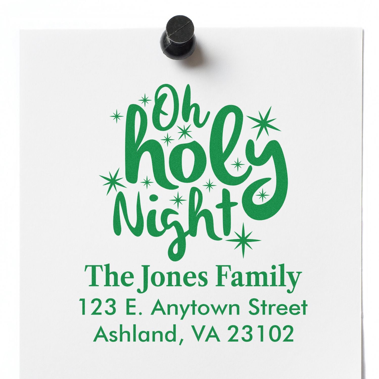 Custom Christmas return address rubber stamp with Oh Holy Night design for The Jones Family, Ashland, VA.