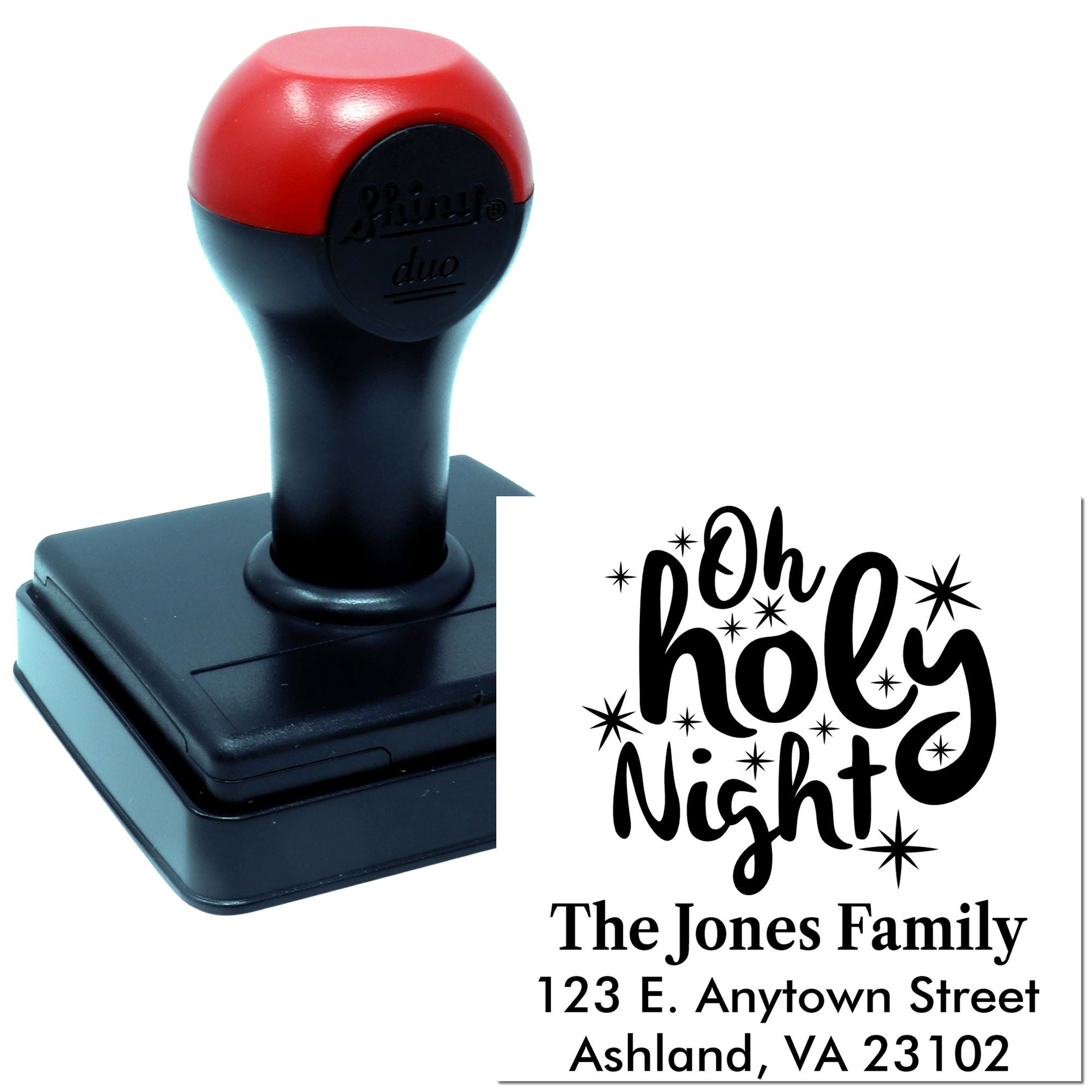 Personalized self-inking rubber address stamp with Oh Holy Night holiday design for Christmas cards
